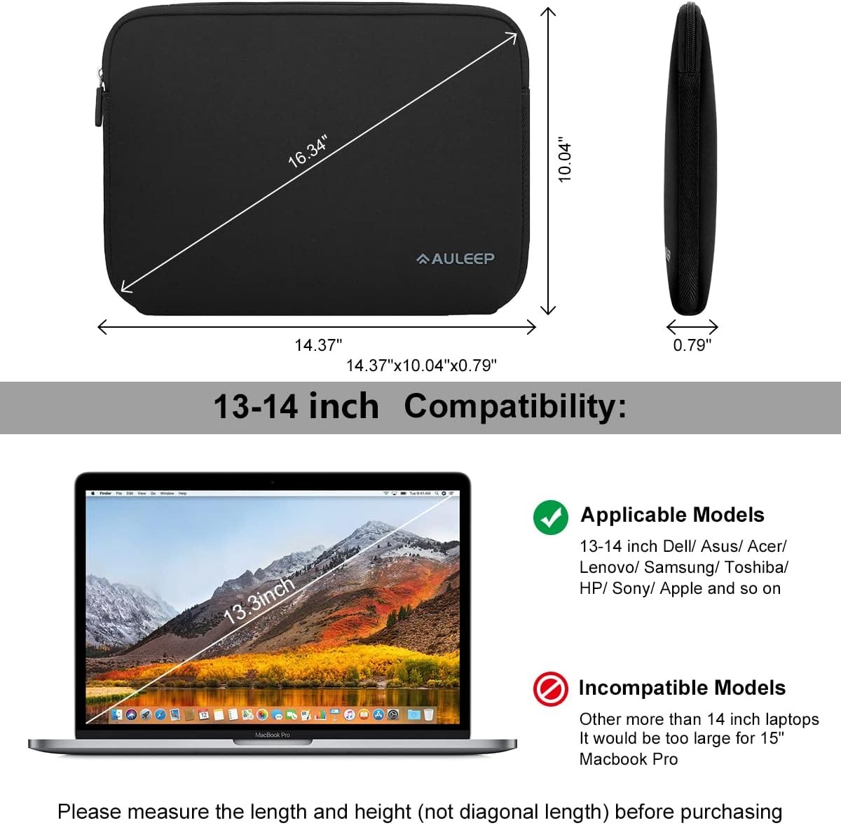 13-14 Inch Laptop Sleeves, Neoprene Water-Resistant Notebook Computer Pocket Sle