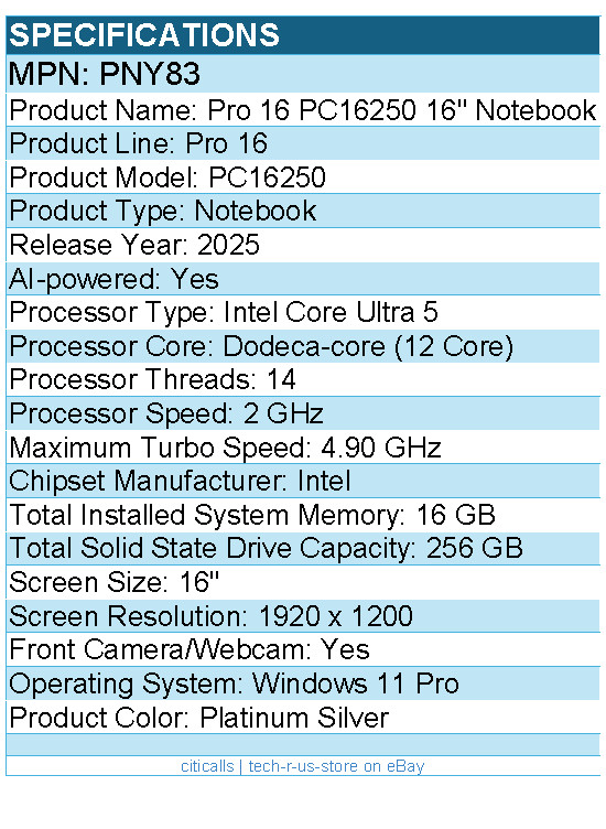 Dell PNY83 Pro 16 PC16250 16″ Notebook – Full HD Plus – Platinum Silver