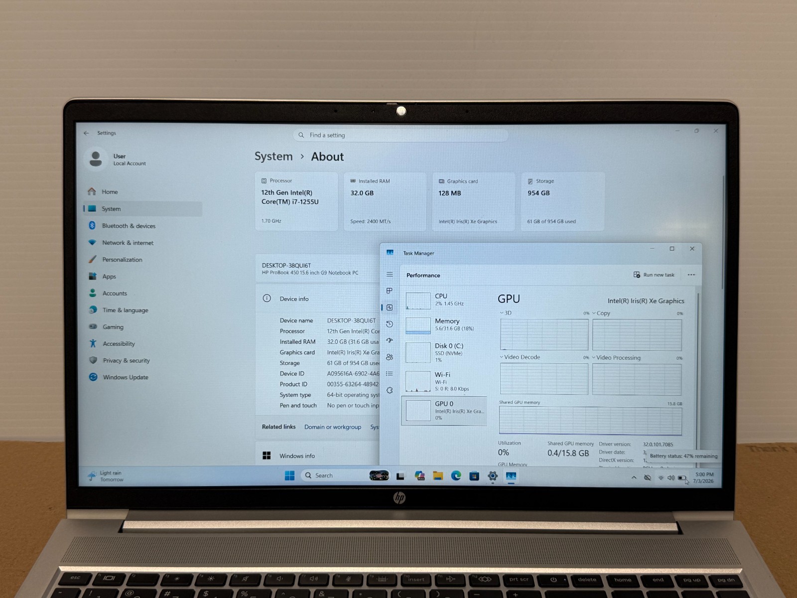 HP ProBook 450 G9 15.6″ Core i7-1255U @ 1.7GHz 32GB RAM 1TB SSD WIN 11