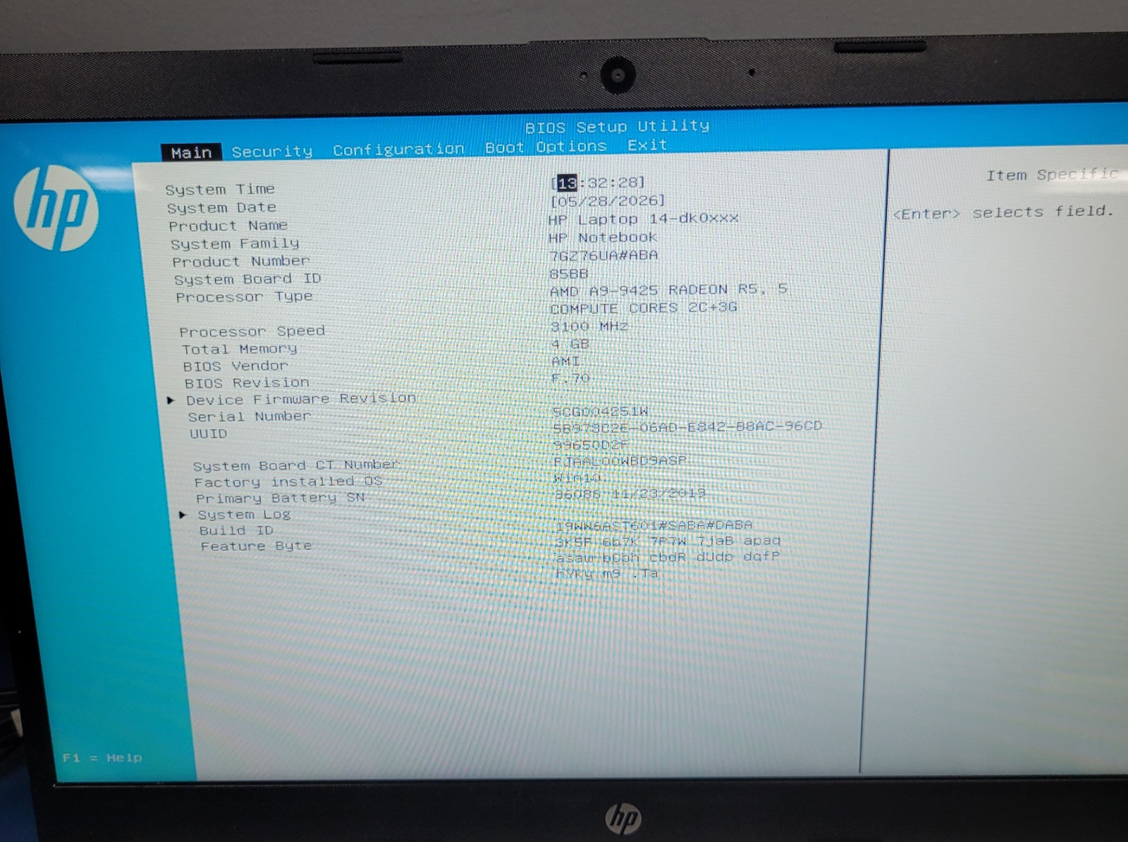 HP 14-dk0002dx AMD A9-9425 (3.10 GHz) 4GB RAM NO HDD