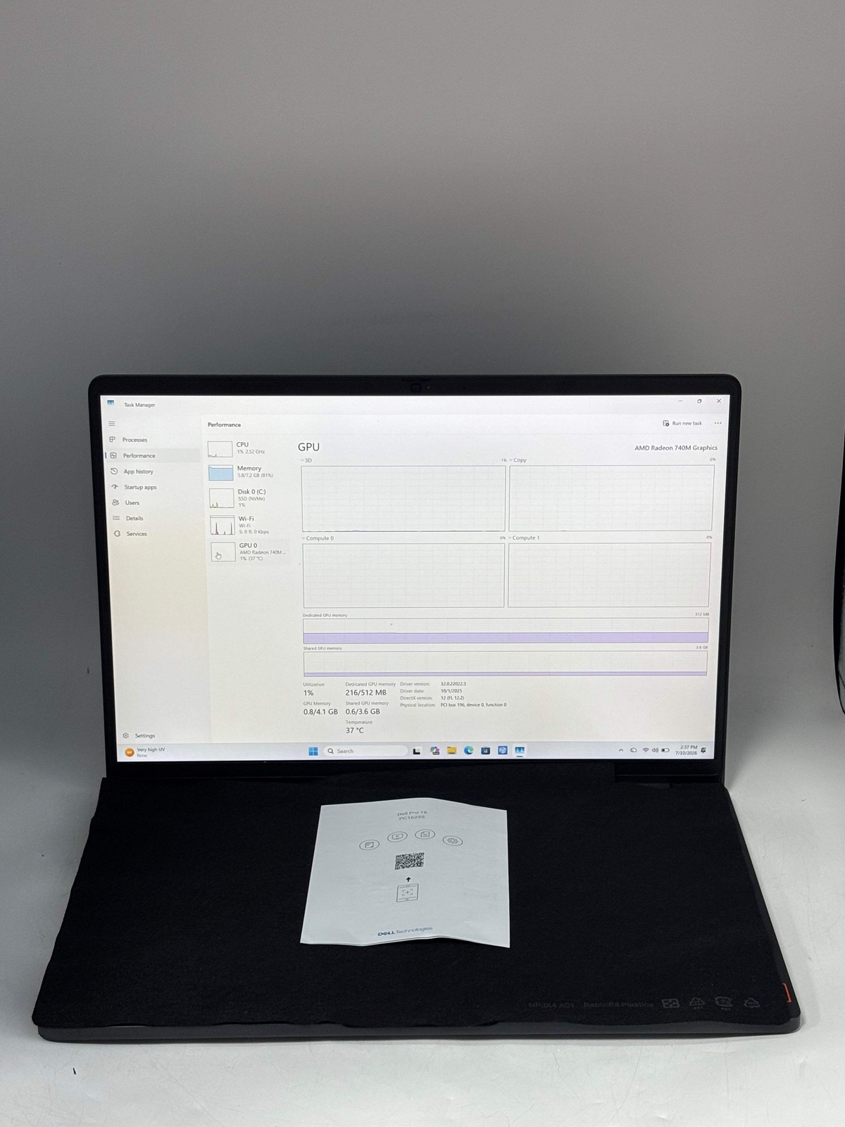 Dell Pro 16 PC16255 AMD Ryzen 5 220 8GB 256GB SSD Black Excellent Condition