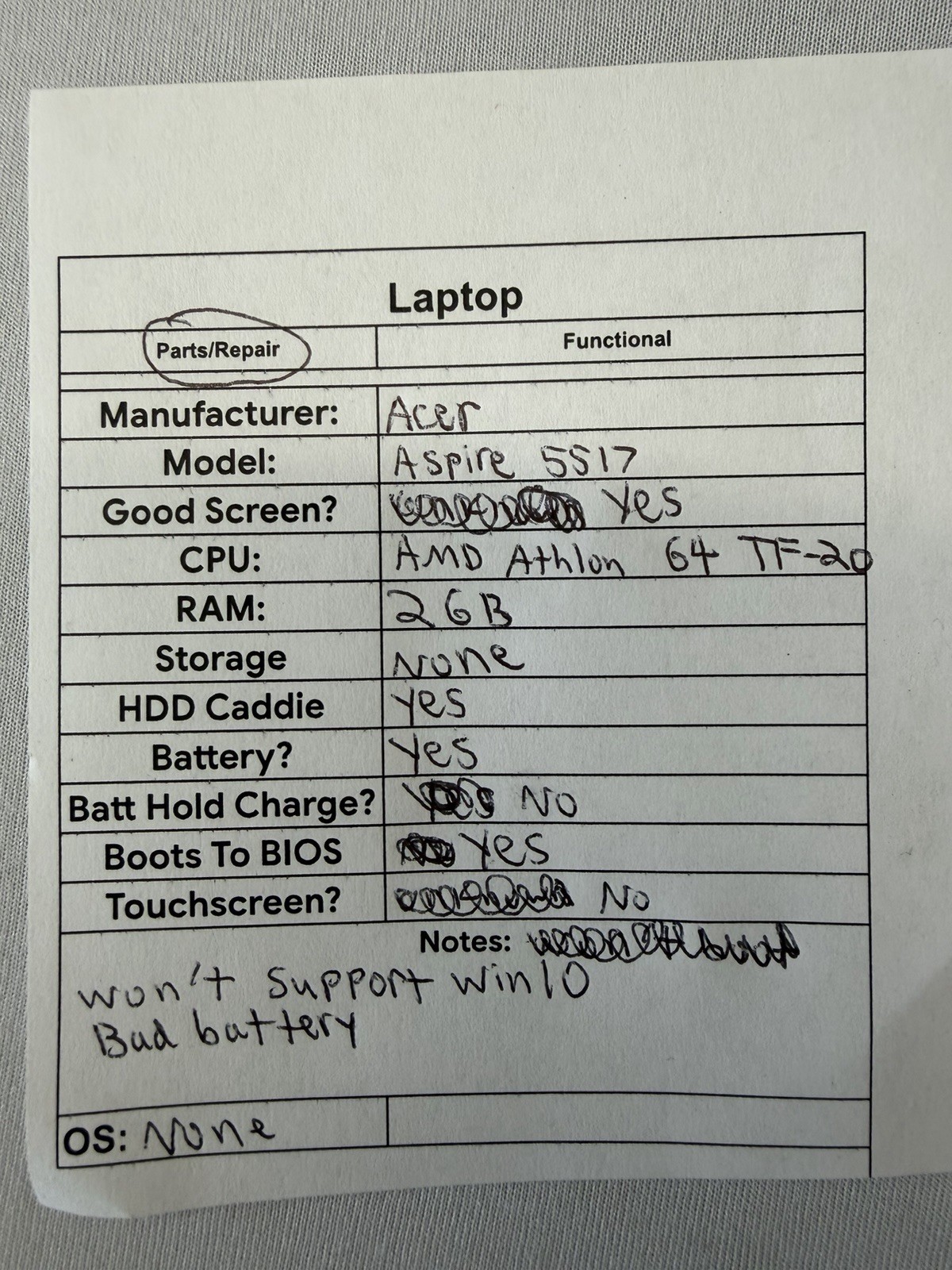 Acer Aspire 5517 Laptop – Good Screen – AMD Athlon 64 TF-20 – Read Des