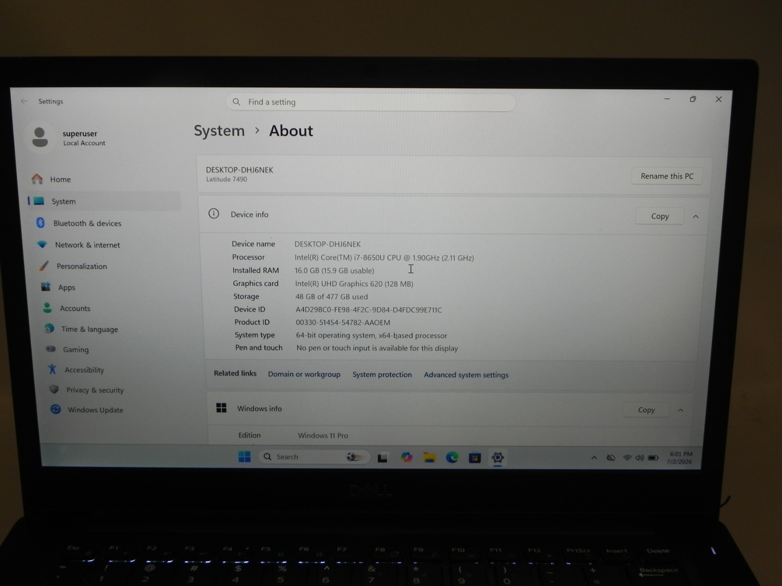 Dell Latitude 7490 Windows 11 Intel i7-8650u 1.9GHz 16GB RAM 512SSD