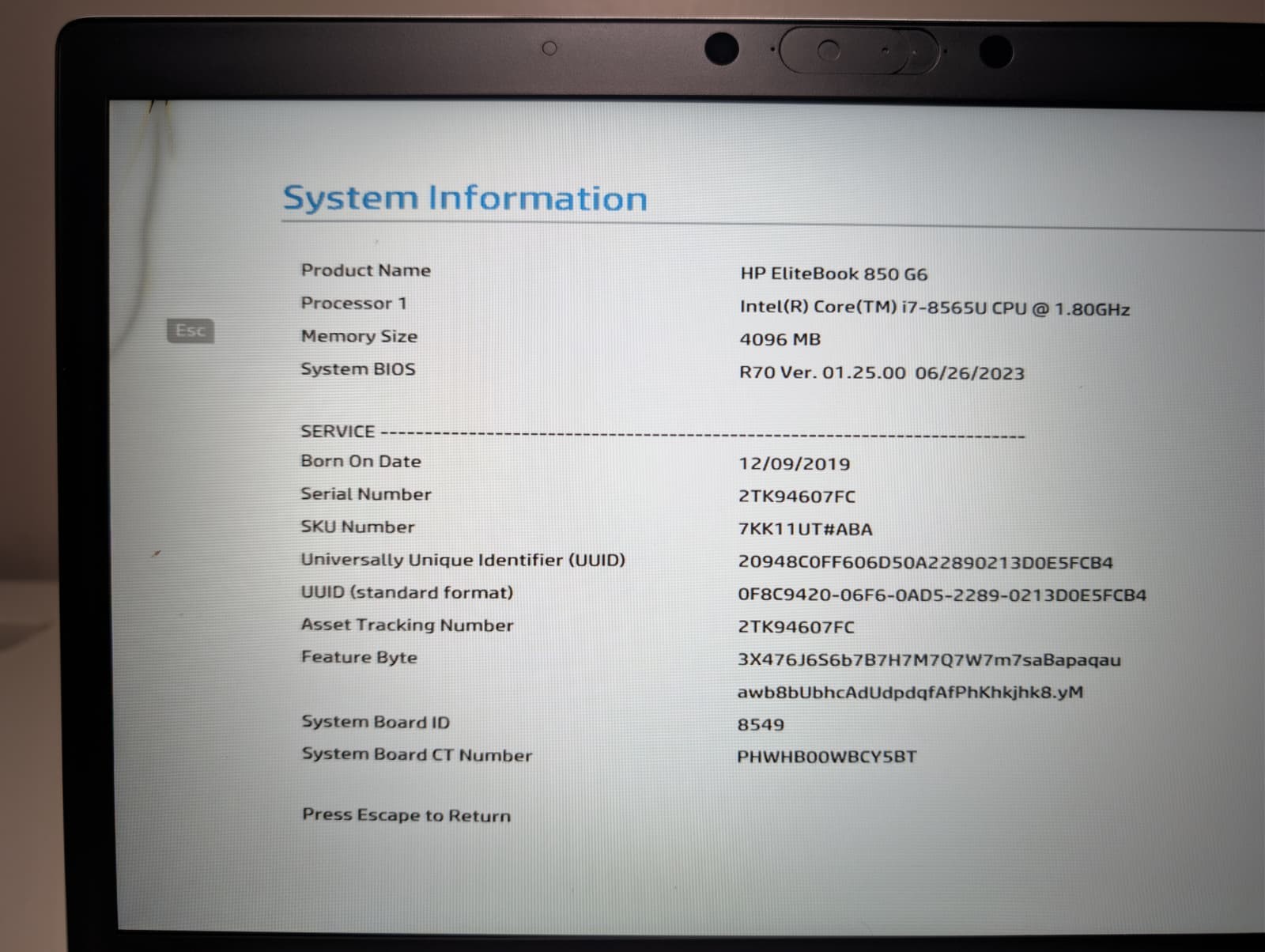 Read! HP EliteBook 850 G6 | i7 8th Gen 4GB RAM NO SSD | Backlit FPS Boot to Bios