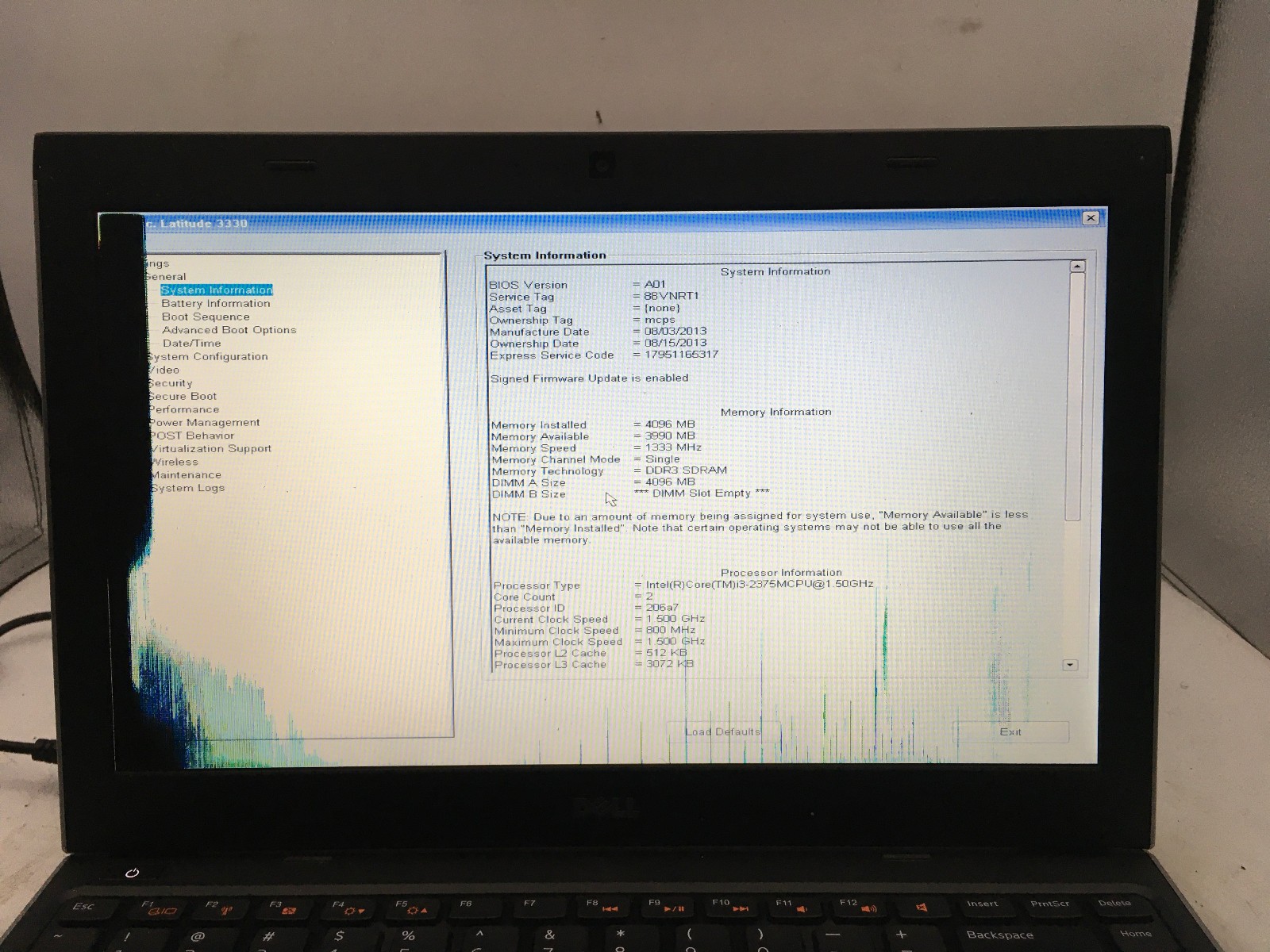 DELL LATITUDE 3330 – BOOTS TO BIOS/BAD LCD – INTEL I3 2375M – NO RAM -READ- BB