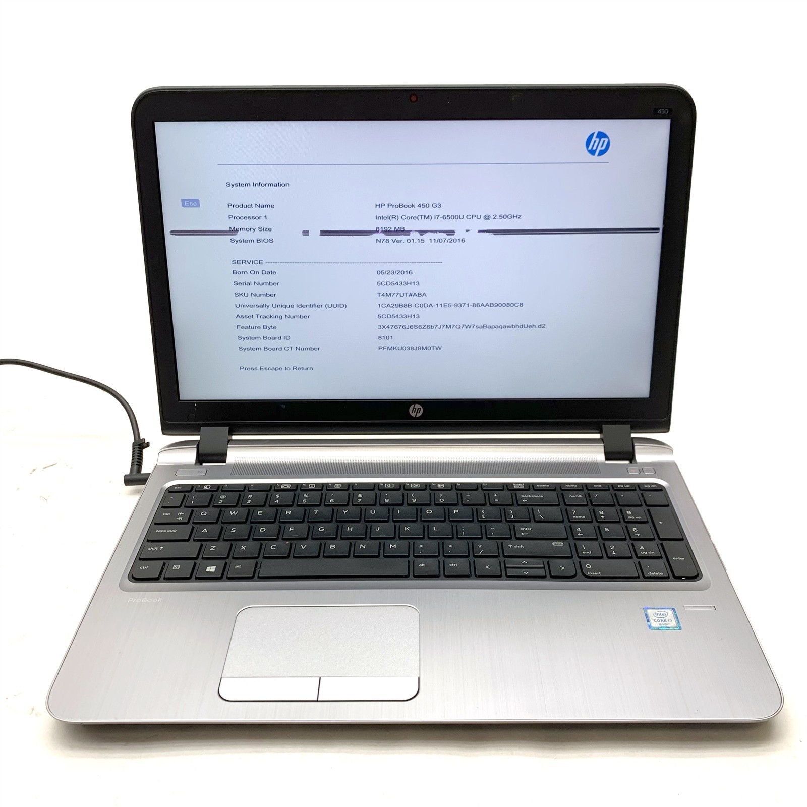 HP ProBook 450 G3 15.5″ Intel i7-6500U 2.50GHz 8GB DDR3 No HDD, OS, AC For Parts