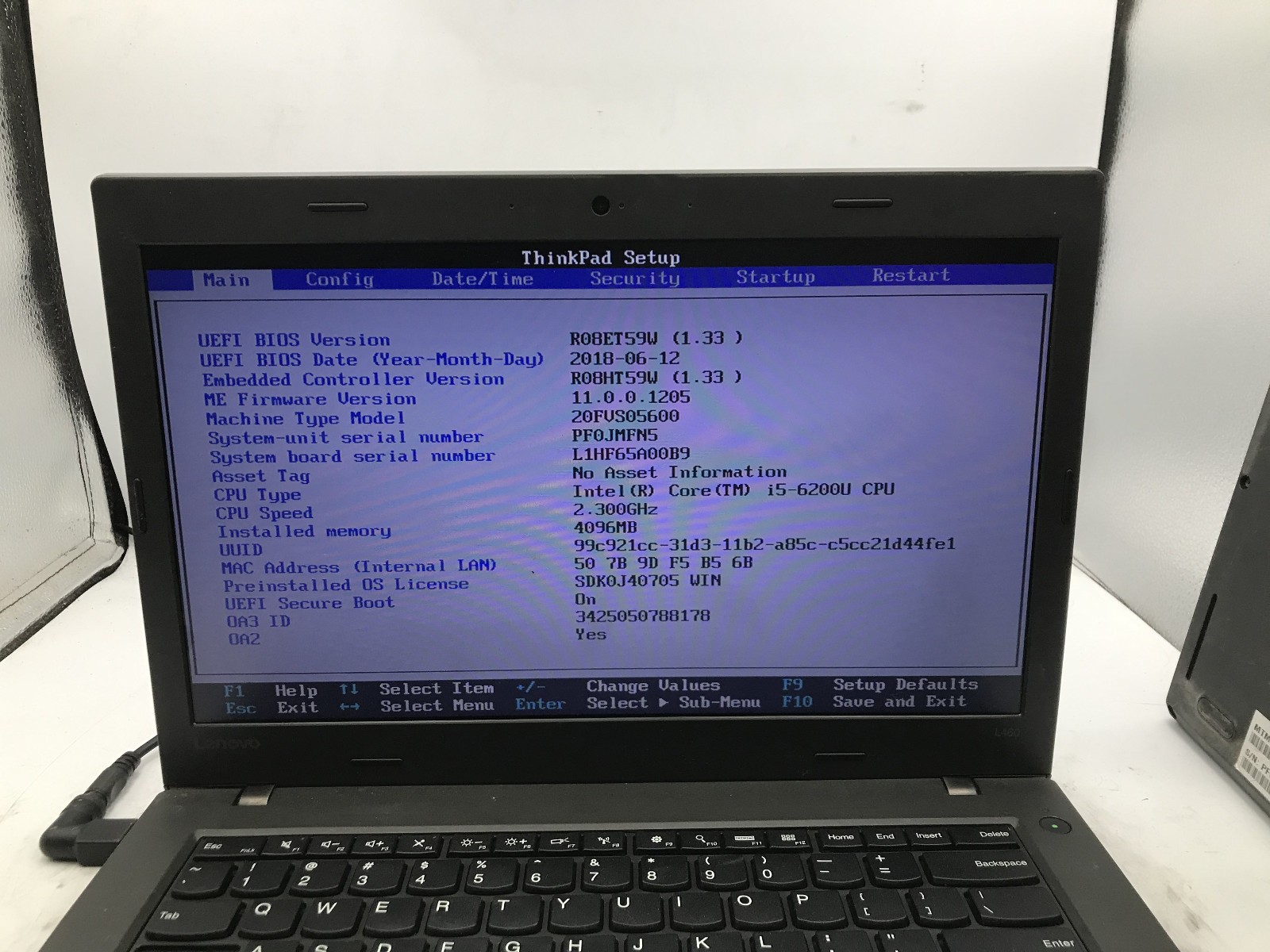 LENOVO THINKPAD L460 – BOOTS TO BIOS – INTEL I5 6200U – NO RAM -READ DESCRIP- BB