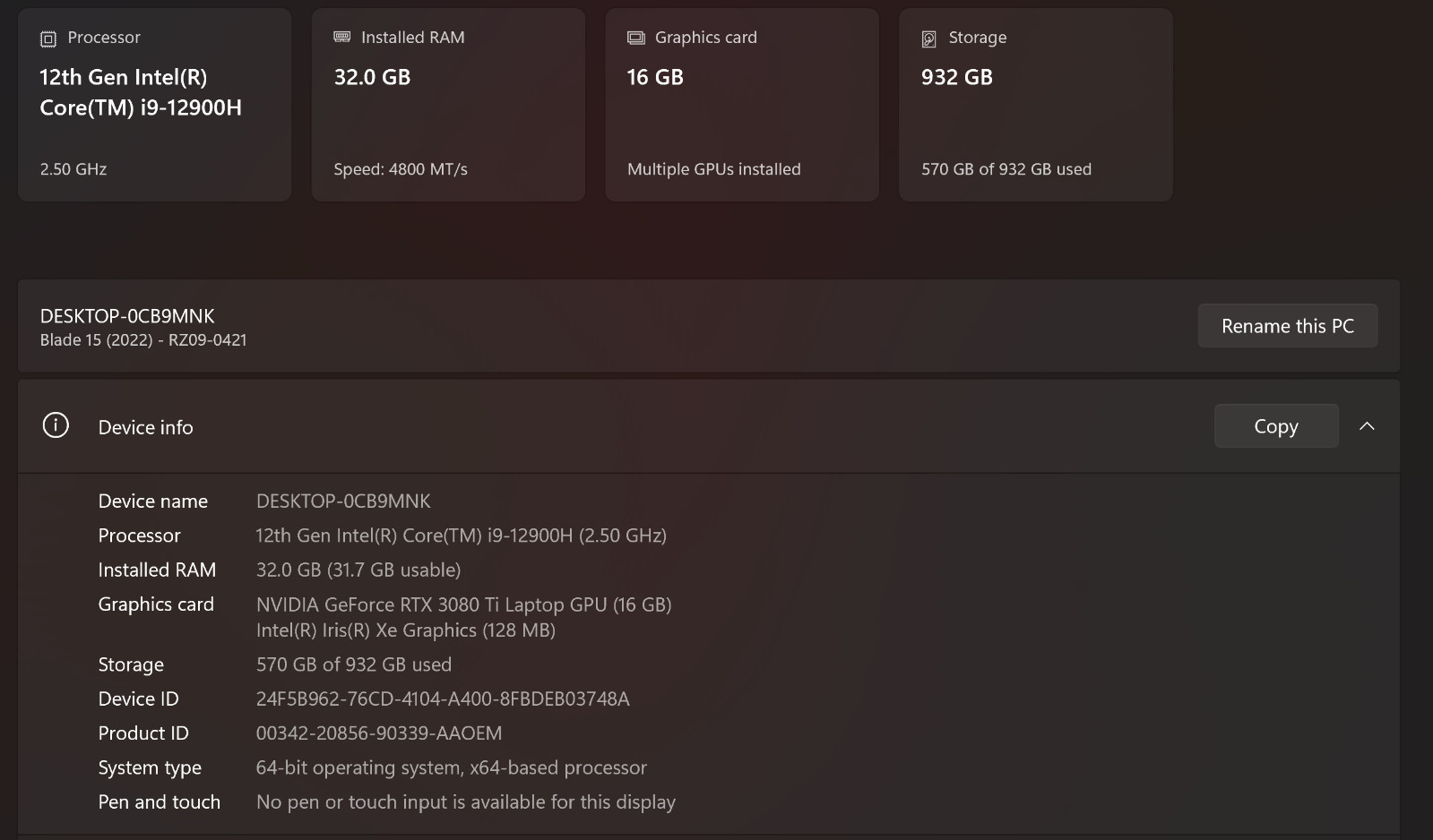 Razer Blade 15.6″ (1TB SSD, Intel 12900H, 32GB Ram, 3080 Ti, 4K, 144hz)