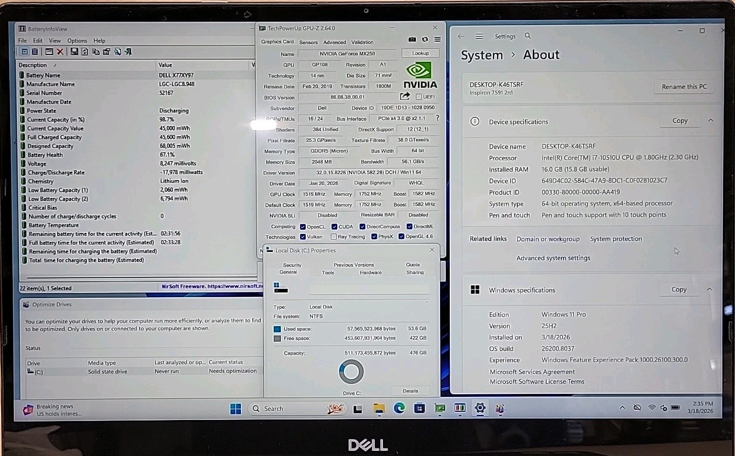 Dell Inspiron 7591 2n1, i7-10510U, GeForce MX250, 16GB RAM, 512GB SSD, W11 *READ
