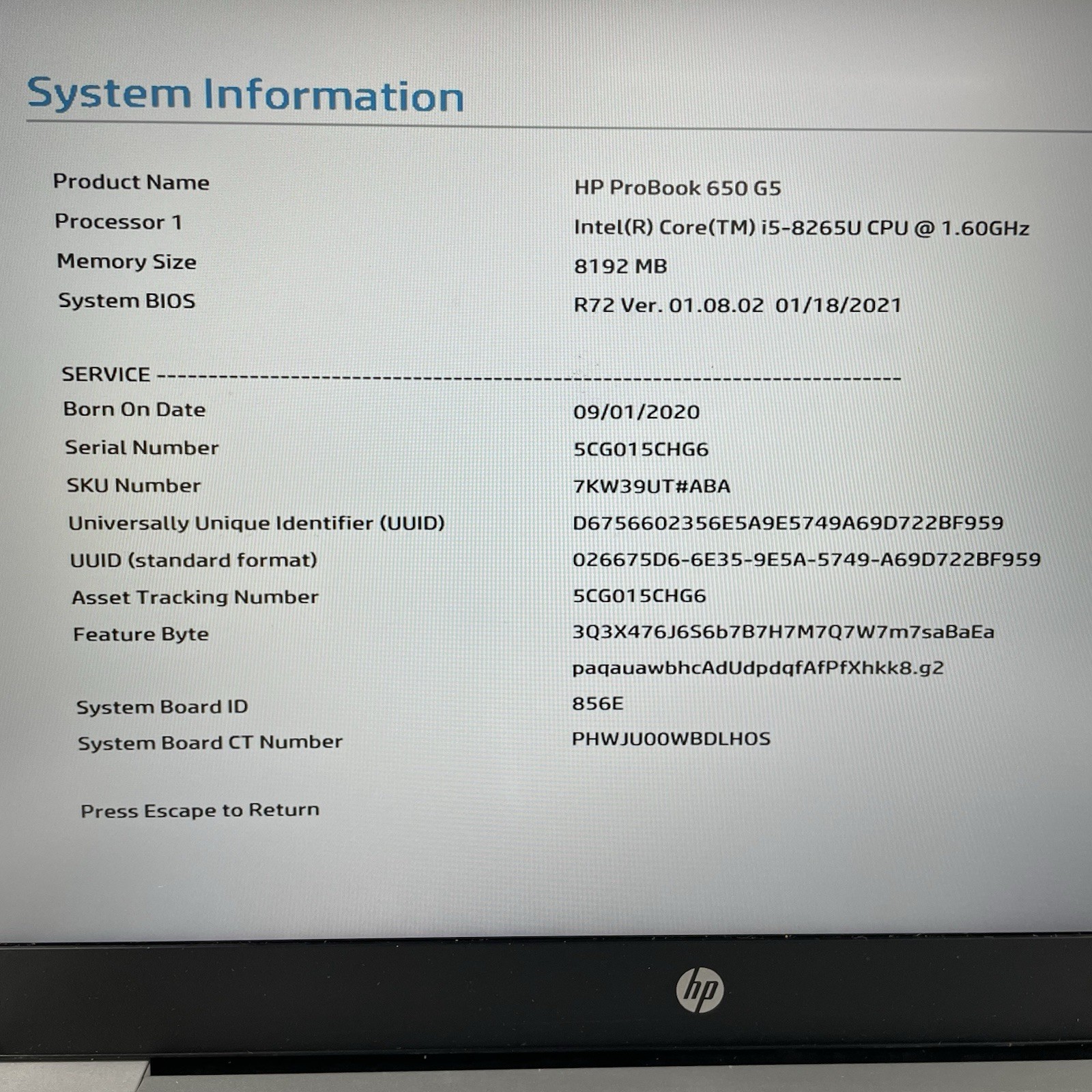 HP ProBook 650 G5 15.6″ i5-8265U 1.60 GHz 8 GB RAM No SSD/OS/AC – READ