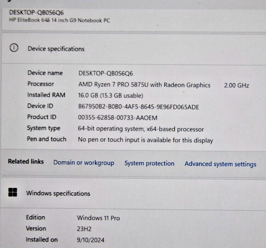 HP ELITEBOOK 645 G9 14″ FHD RYZEN 7 PRO 5875U 512GB SSD 16GB RAM W11P
