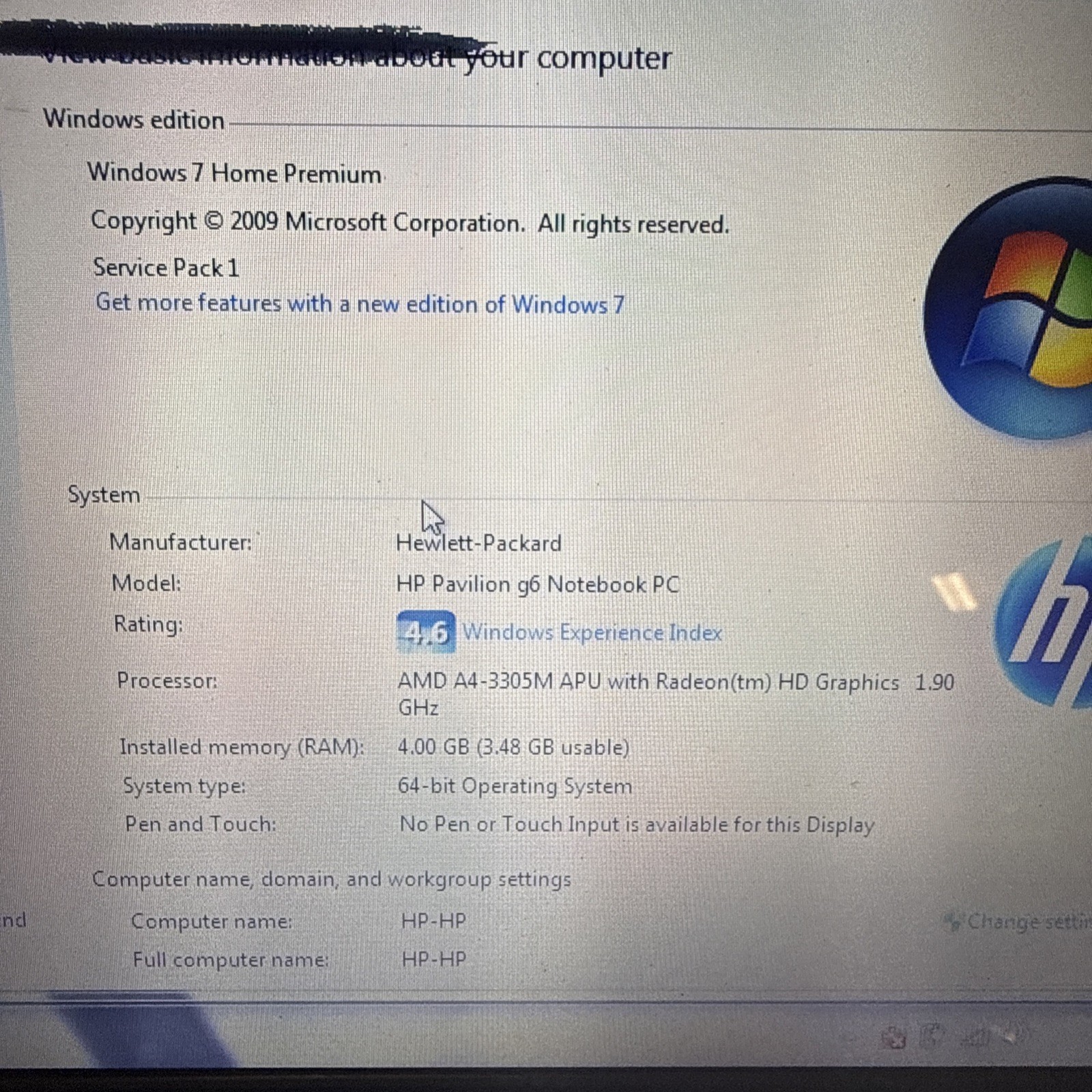 HP Pavilion G6 AMD A4-3305M APU with RadeonHD 4 GB Windows 7 Working-OEM Charge