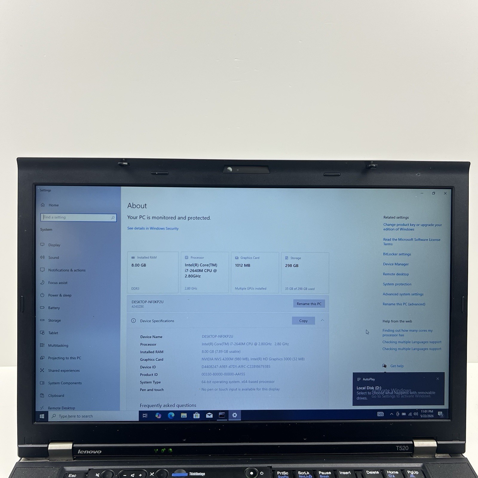 Lenovo ThinkPad T520 Intel i7-2640M 8GB 320GB HDD Win 10 w/ Charger|ELP78, READ