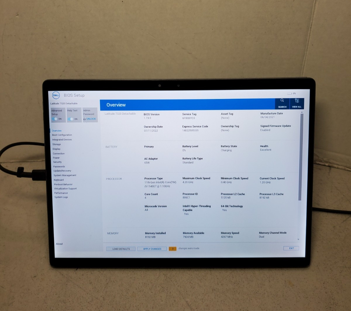 Dell Latitude 7320 Detachable I5-1140G7 8GB No SSD/OS! NO KEYBOARD BIOS PW! #69