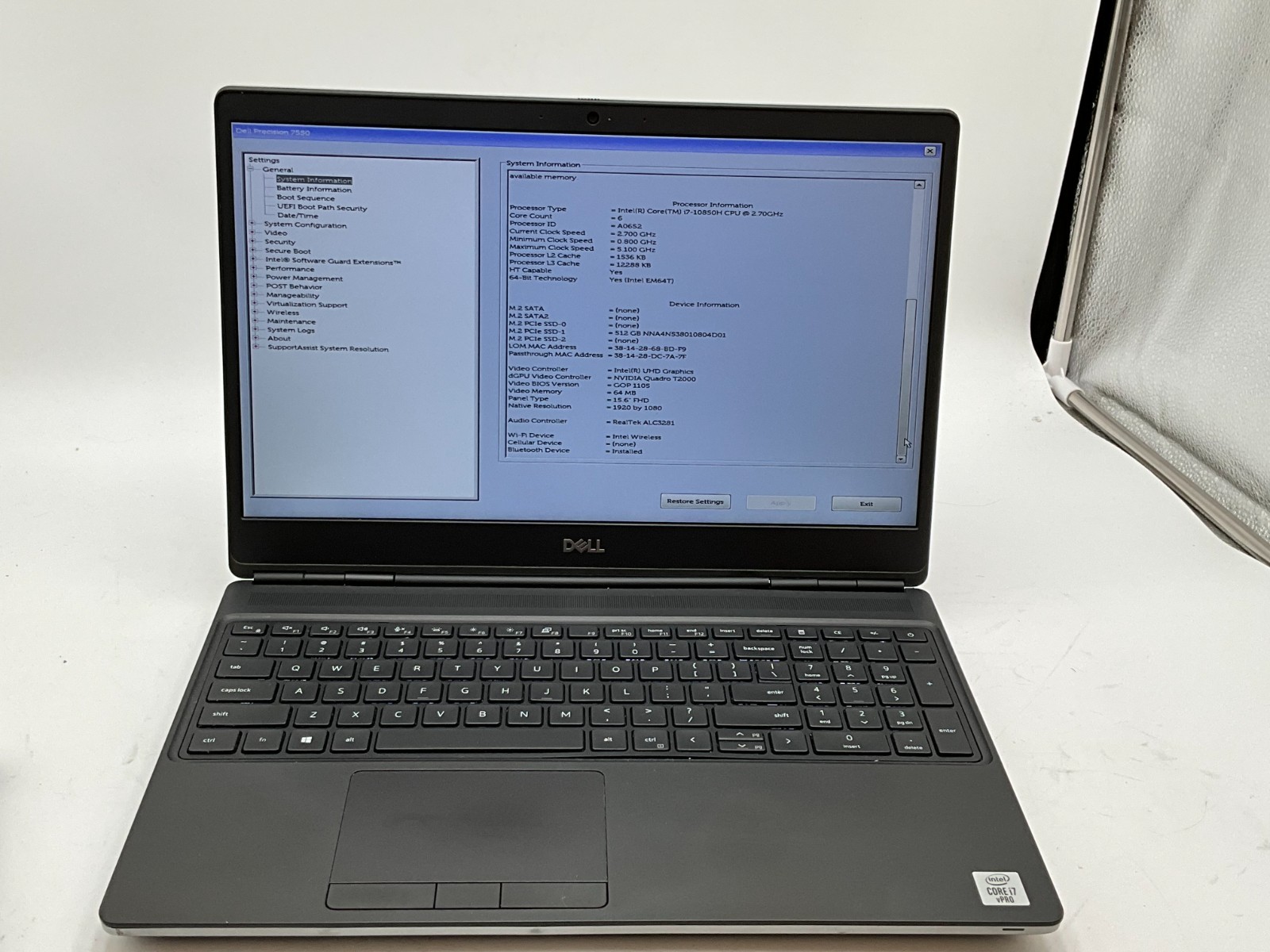 DELL Precision 7550 i7-10850H 2.70gh 32gb 512gb T2000 15.6″ LAPTOP GFP2043