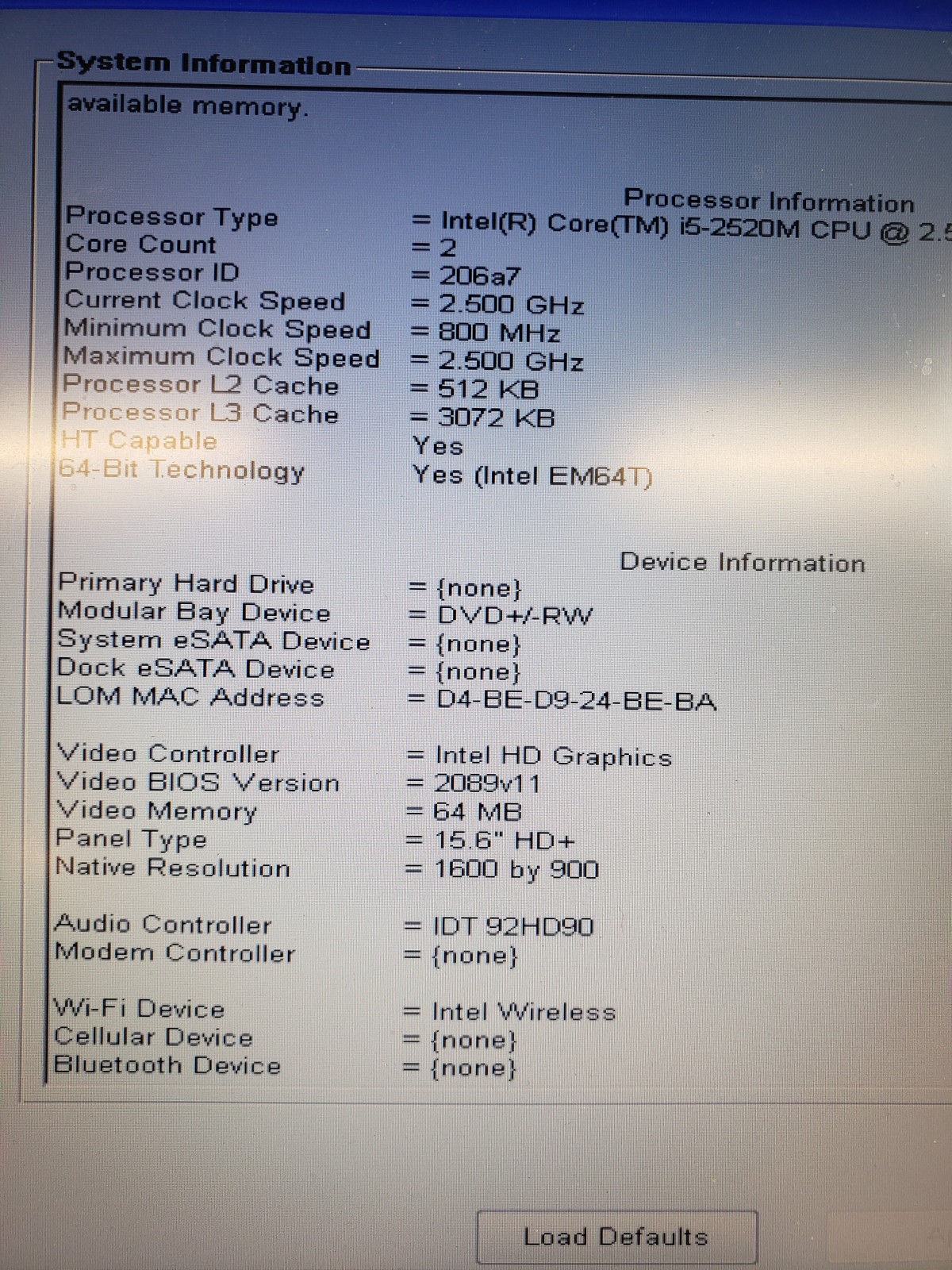 Dell Latitude E6520 Intel Core i5-2520M 4 GB No Drive 15.6″ 1600×900