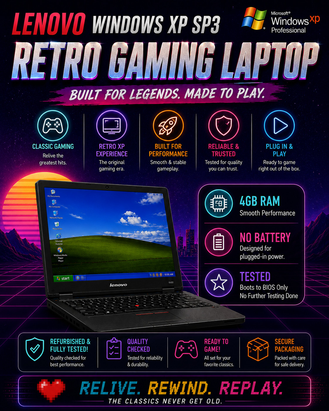 Lenovo Windows XP Retro Laptop – Custom Legacy PC Gaming Build | No Battery |