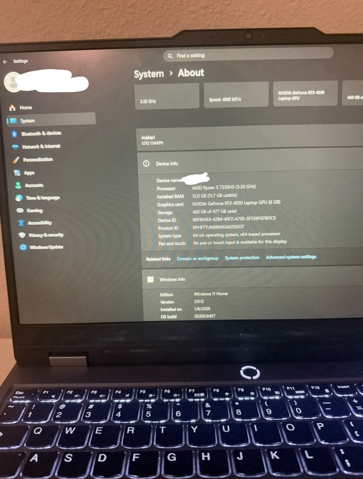 Lenovo LOQ 15ARP9 15.6″ Ryzen 5 7235HS 12GB RAM 512GB SSD RTX 4050 With Charger