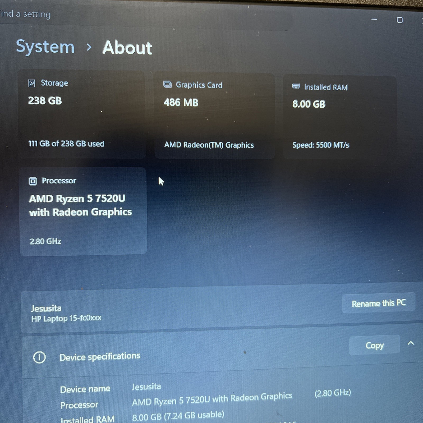 HP Laptop 15-fc0xxx 15.6” Ryzen 5 7520U 8GB Win 11 Home Silver Touchscreen
