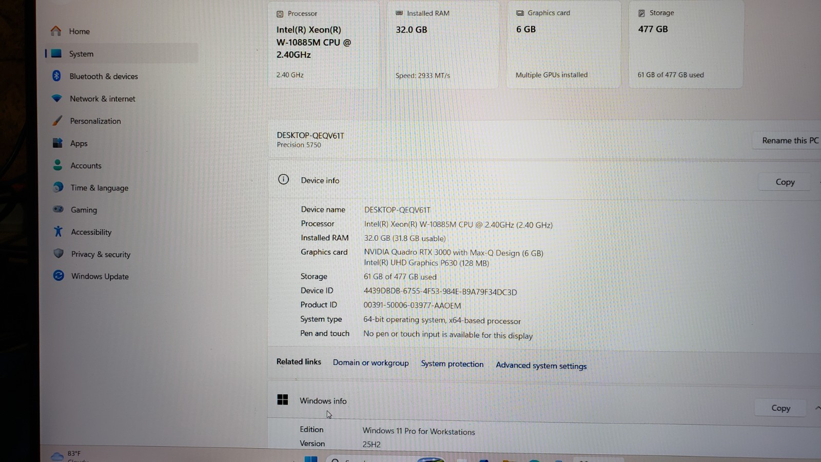 Dell Precision 5750 Intel Xeon W-10885M 32GB RAM 512GB NVME RTX 3000 FAIR BATTRY