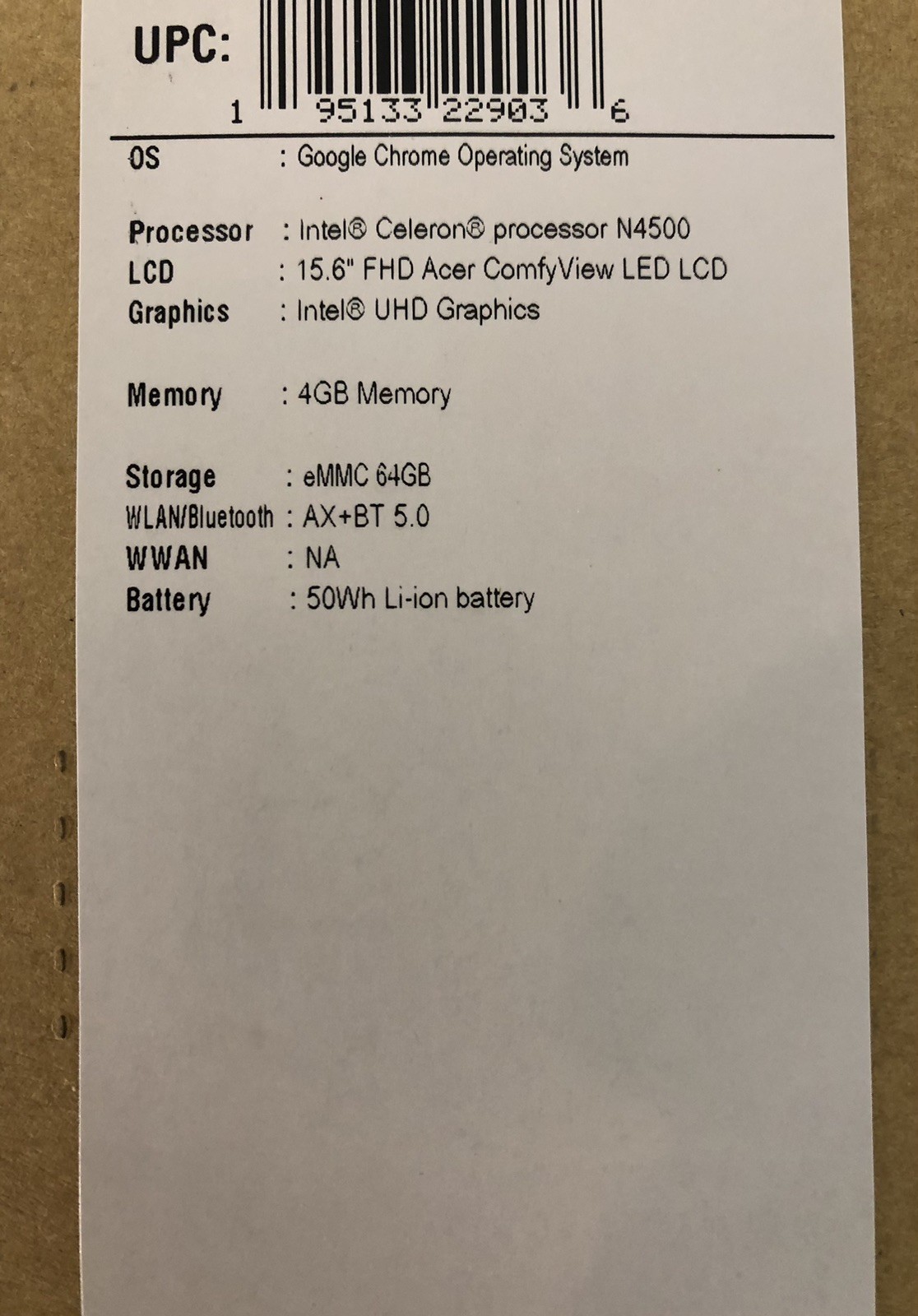 New Acer Chromebook 315 – 15.6″ Celeron N4500 – 4GB DDR4 – 64GB eMMC – Chrome OS