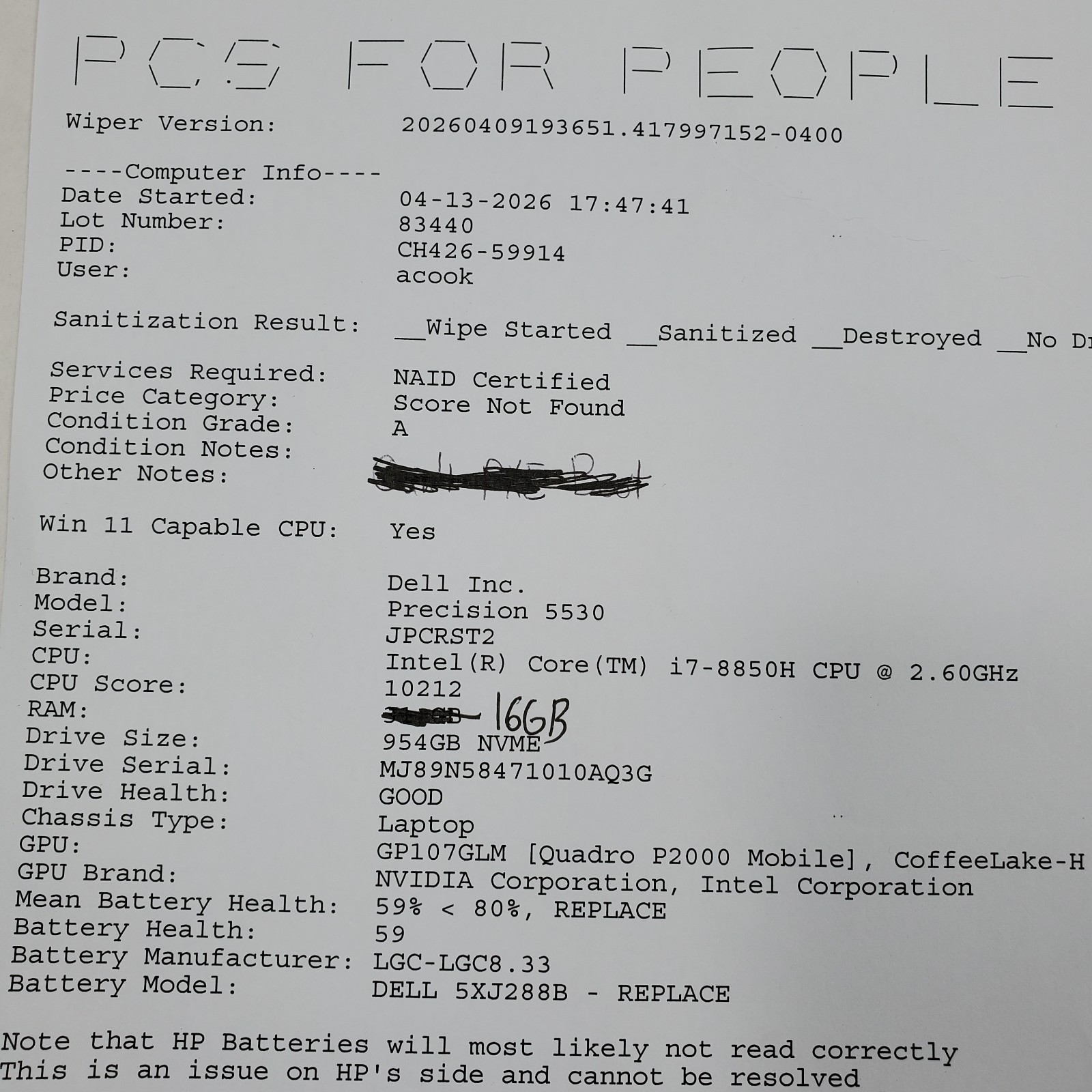 Dell Precision Intel Core 5530 i7-8850H 2.6GHz 16GB RAM 1TB NVMe P2000 NO OS