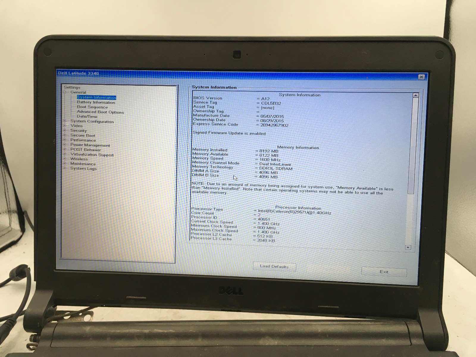 DELL LATITUDE 3340 – BOOTS TO BIOS – BAD HINGE – 8GB RAM – INTEL CELERON – BB