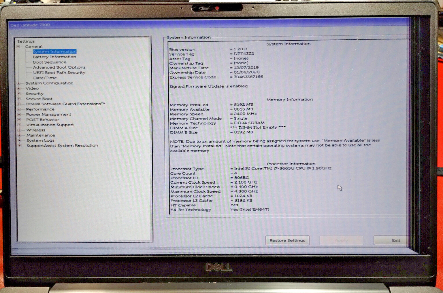 Dell 7300 13.3″_Screen & i7-8665U_CPU. Choose: 0/8/16GB_RAM or 0/256/512GB_SSD