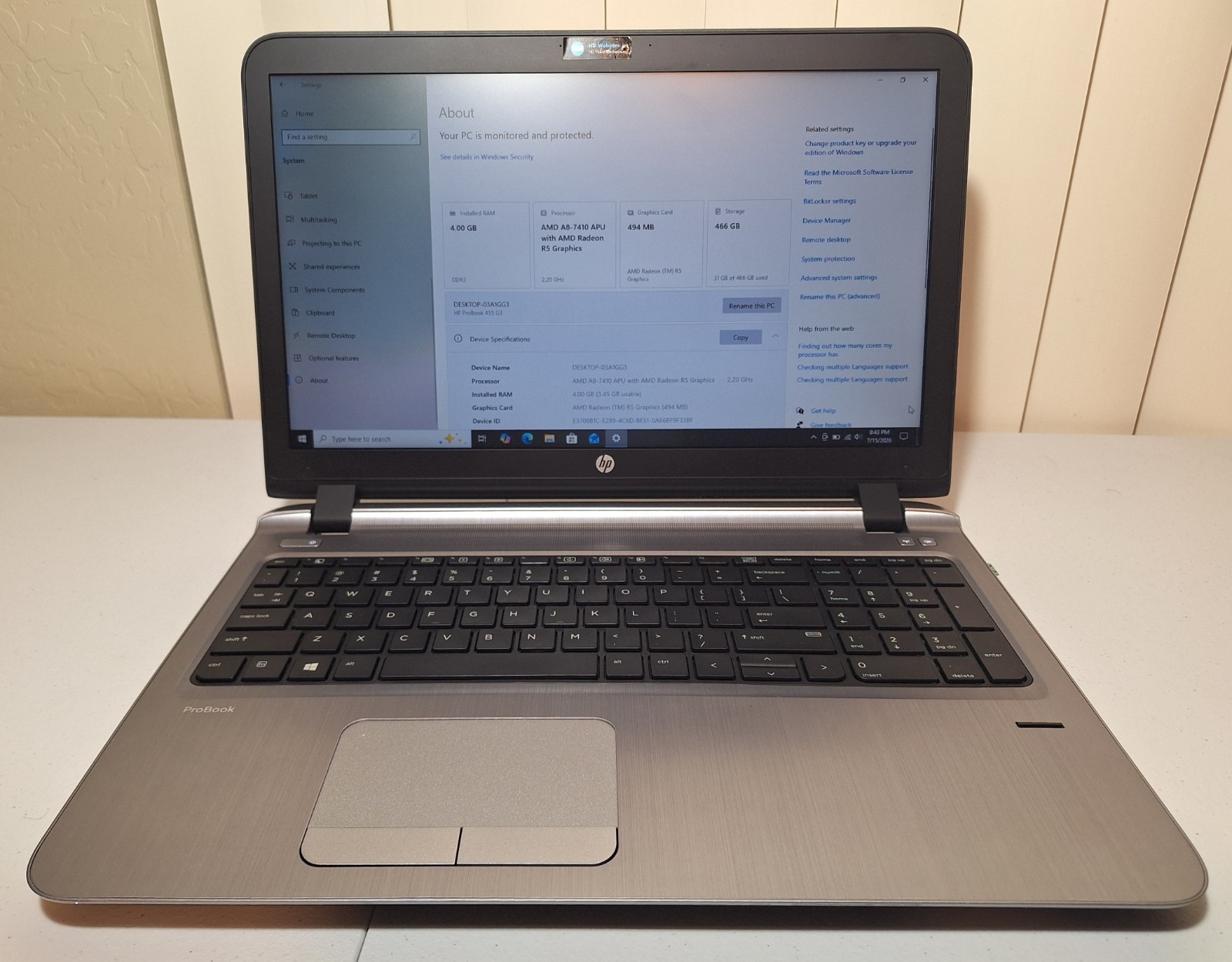 HP ProBook 455 G3 Laptop AMD A8-7410 4GB RAM 500GB HDD 15.6″ Windows 10