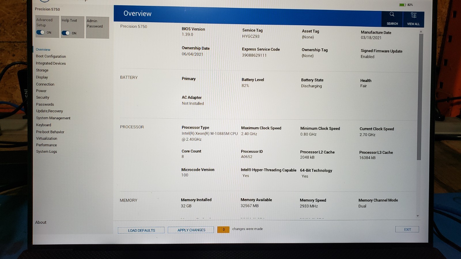 Dell Precision 5750 Intel Xeon W-10885M 32GB RAM 512GB NVME RTX 3000 FAIR BATTRY