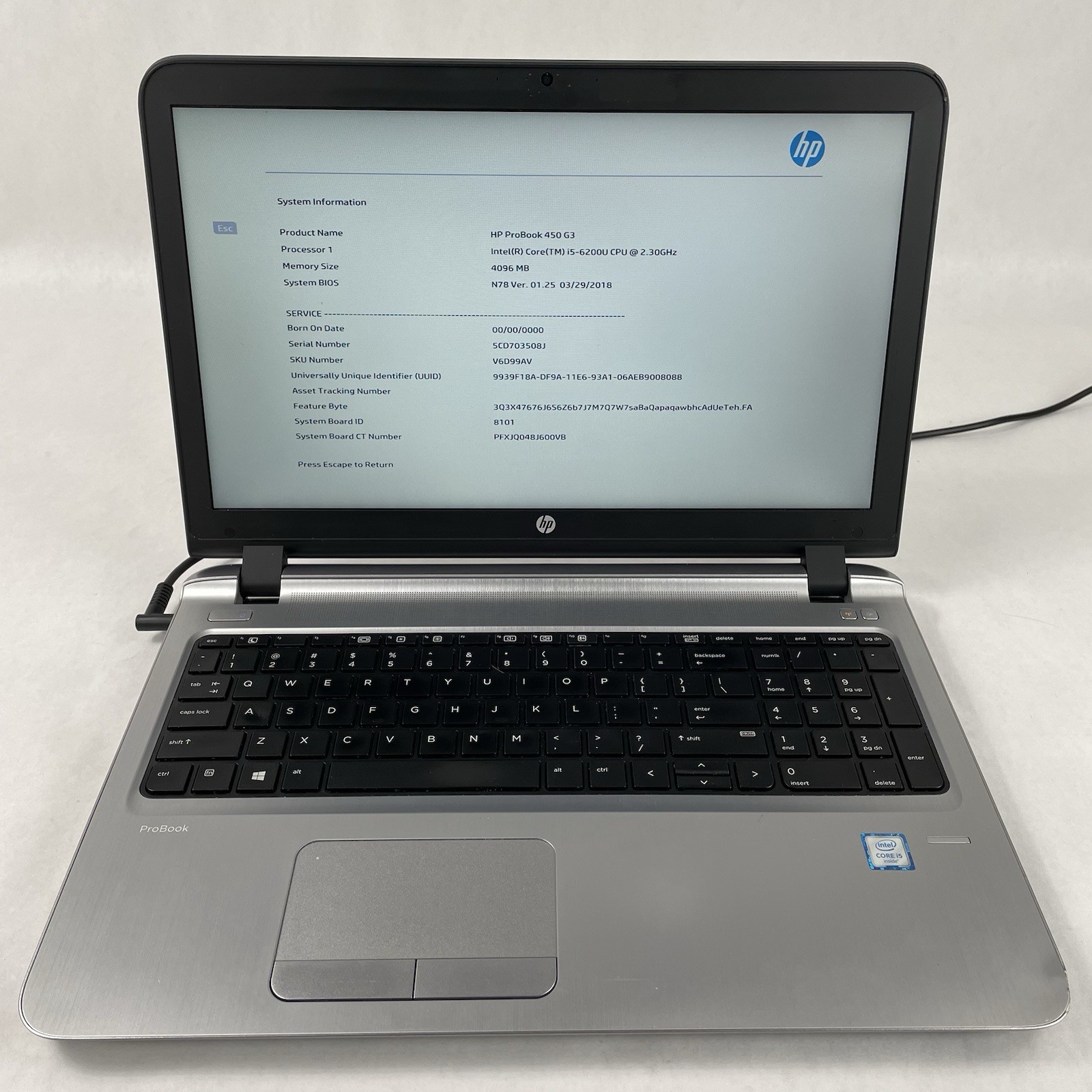 HP ProBook 450 G3 15.6″ i5-6200U 2.30 GHz 4 GB RAM No SSD No OS No Batt READ