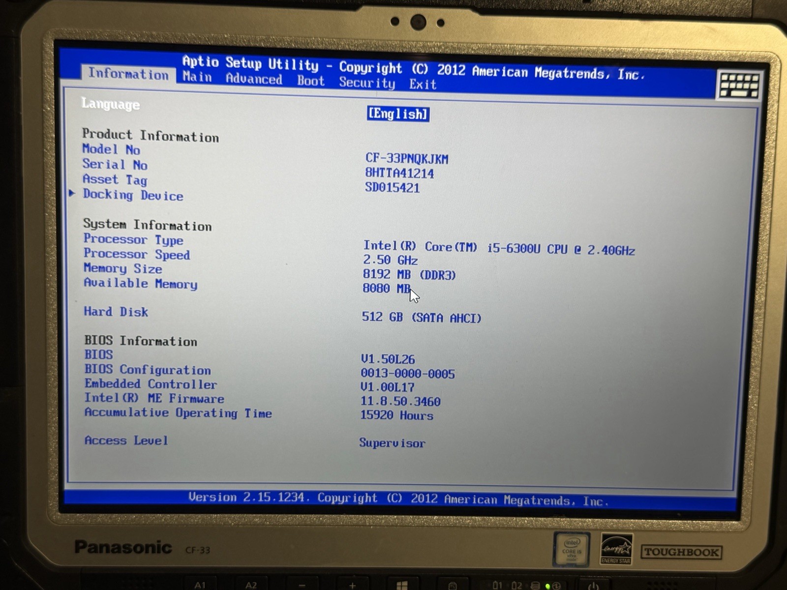 Panasonic ToughBook CF-33 12” i5-6300U 8GB Ram 512 GB SSD Win11 Pro. Touch