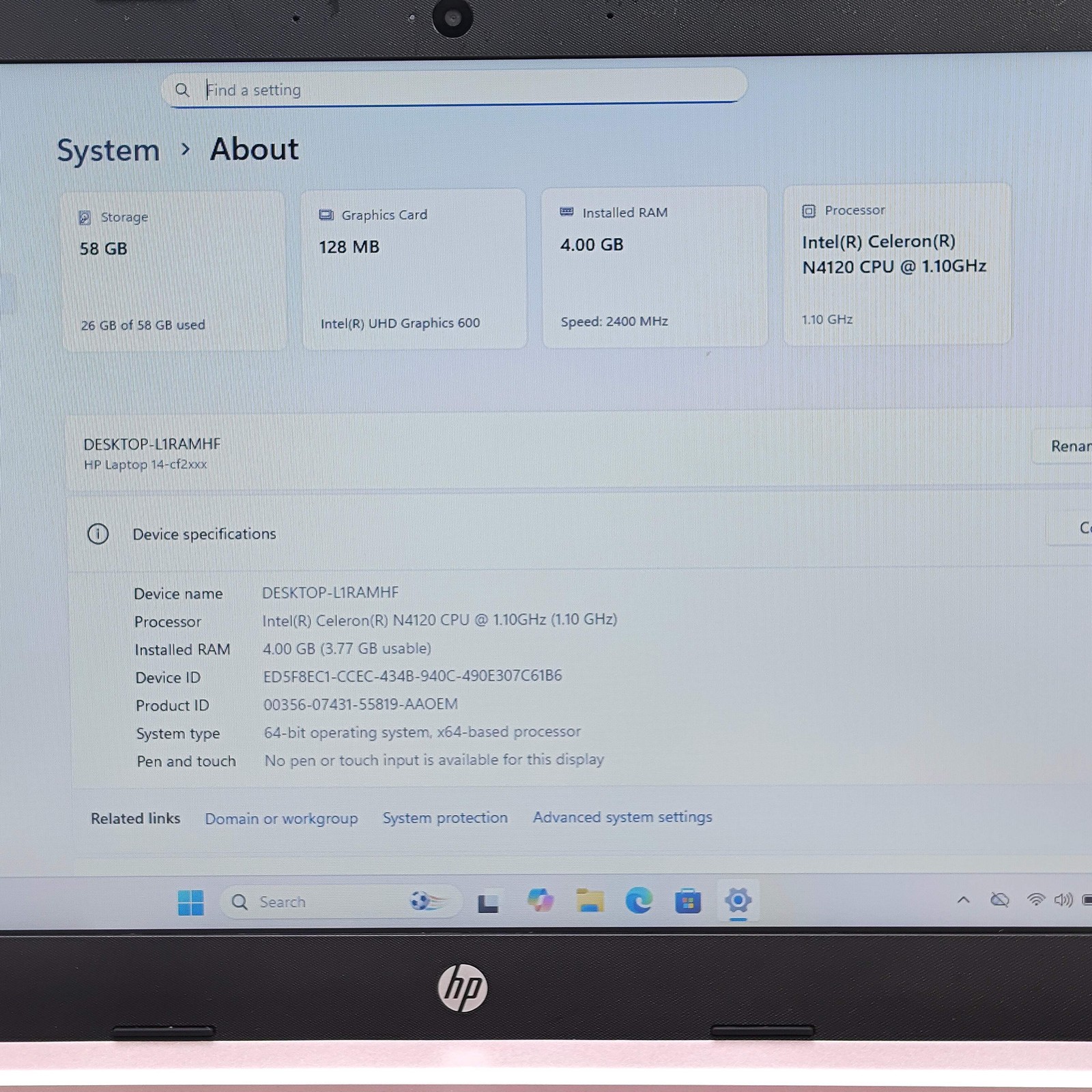HP Laptop 14-CF2112WM 14.4″ Celeron N4120 1.1GHz 4GB RAM 64GB SSD