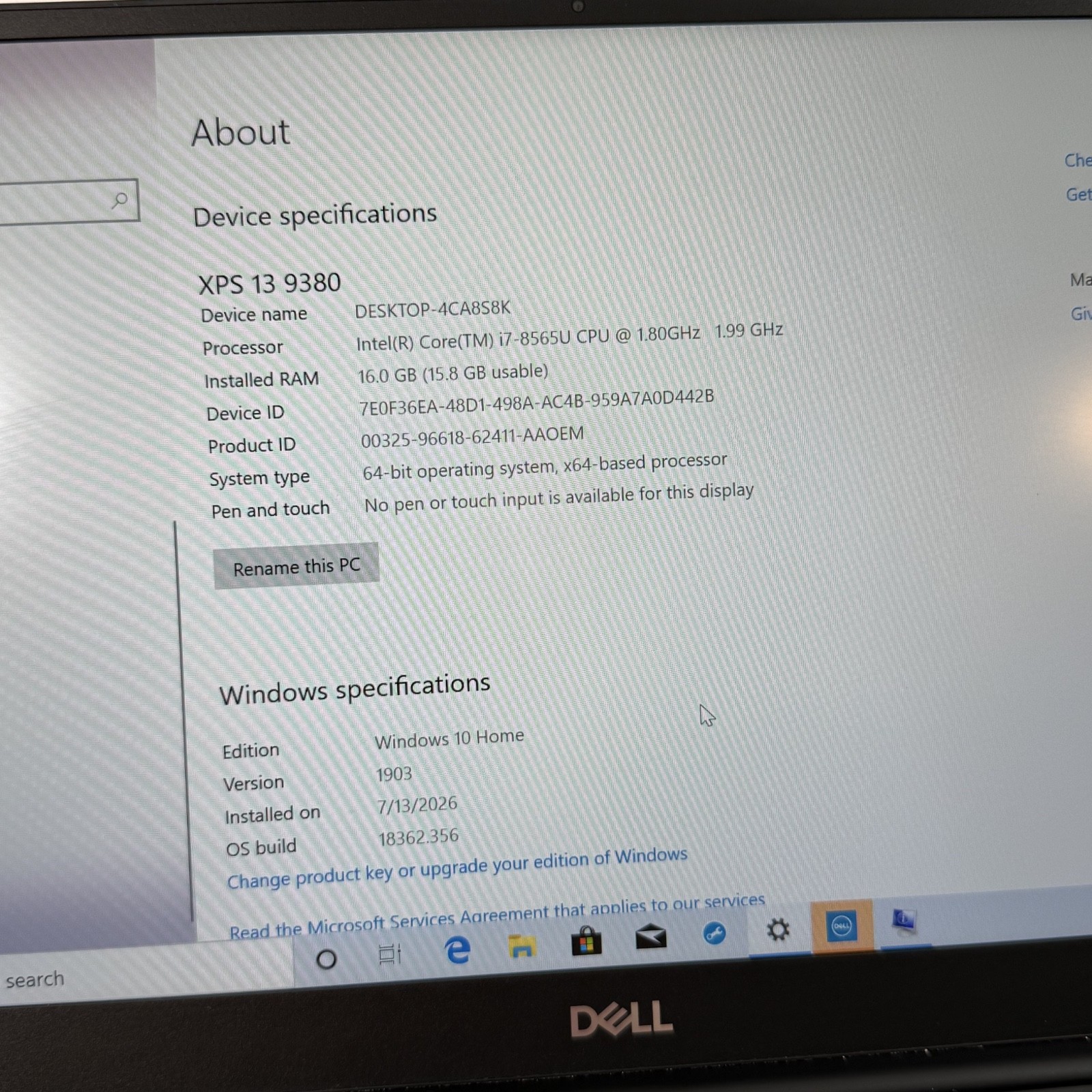 Dell XPS 13 9380 i7-8565U 1.8 GHz 16GB 512GB UHD Graphics 620 Win 10 Home #H402