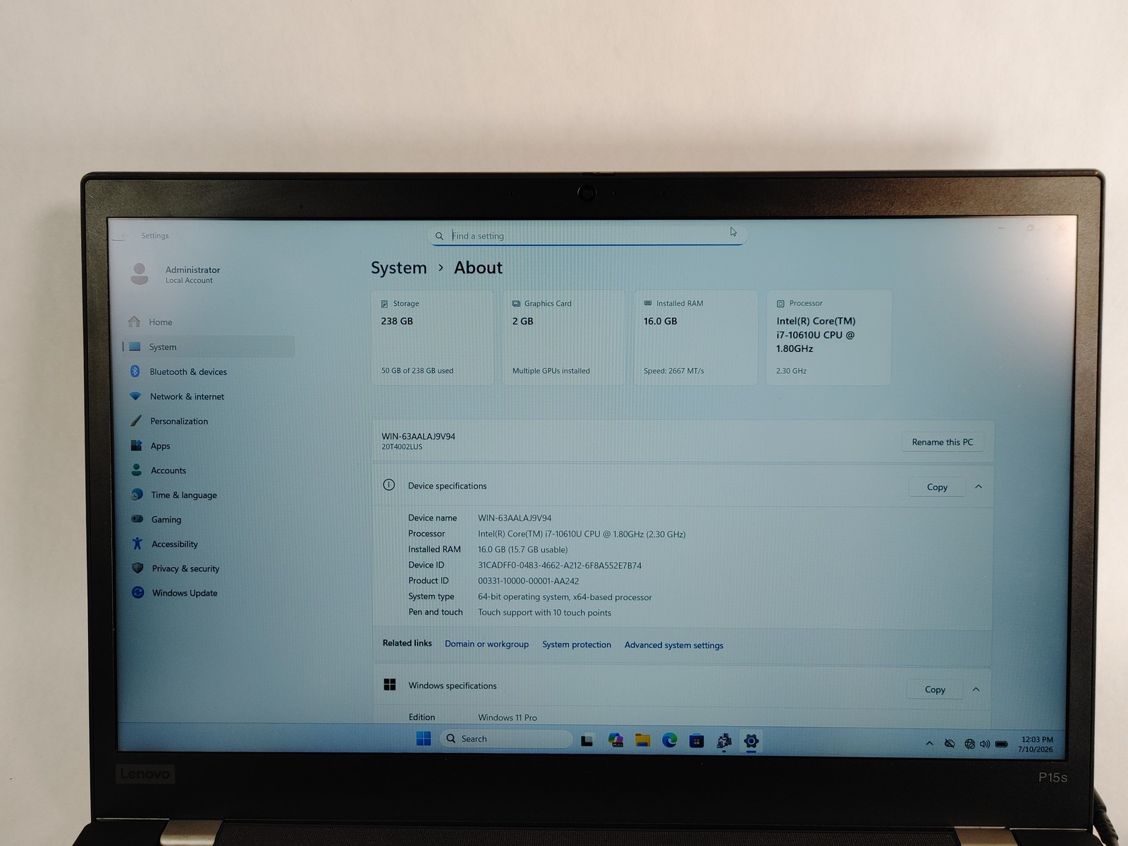 Lenovo ThinkPad T15s Gen 1 Core i7-10610U 1.80 GHz 16 GB DDR4 256 GB M.2 Windows