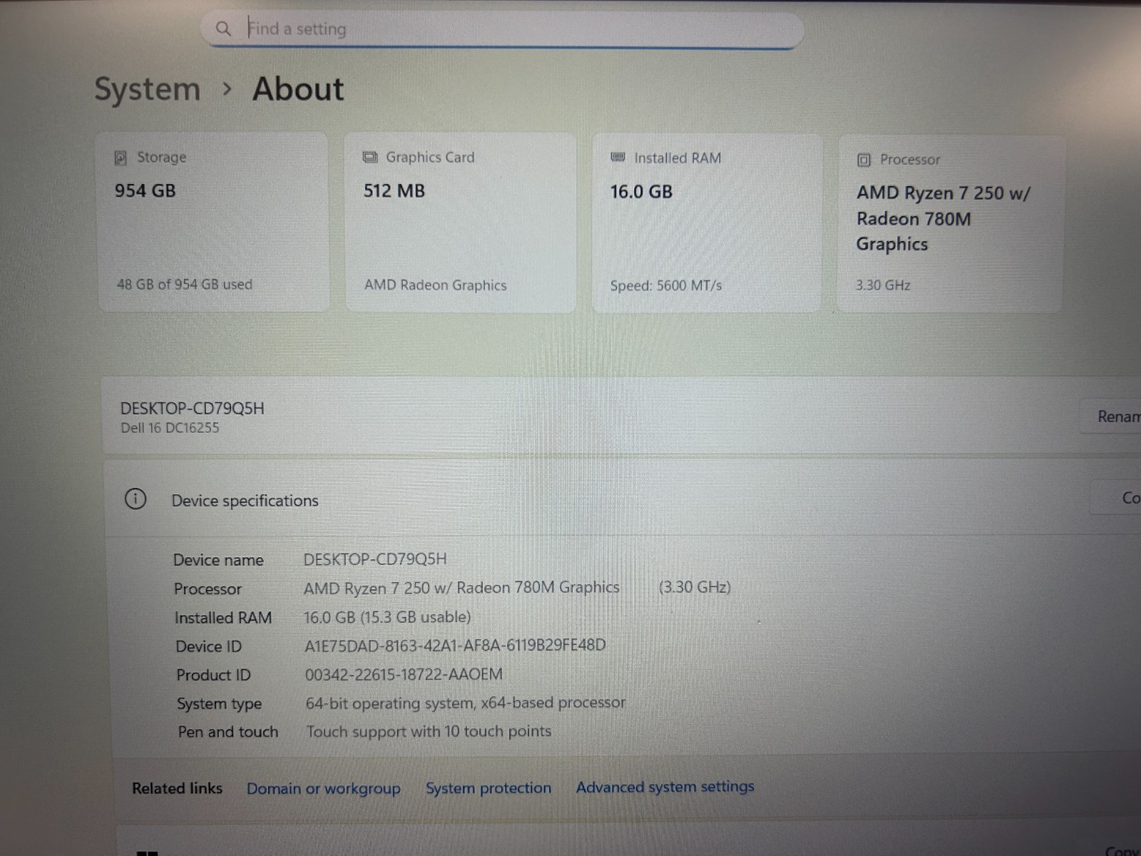 DELL 16 DC16255 WRC27, AMD Ryzen 7 250, 3.30 GHz, 16 GB RAM, 1 TB NVMe SSD