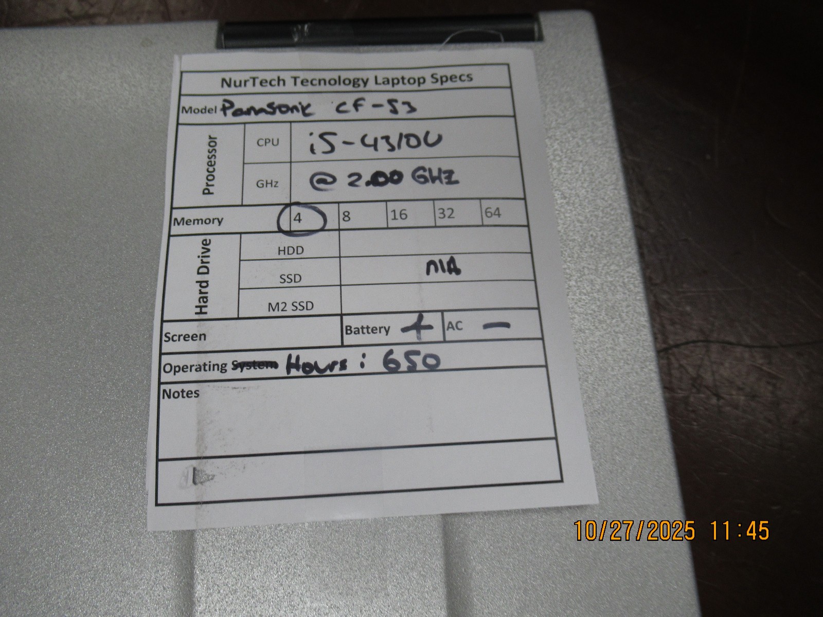 Panasonic Toughbook CF-53 i5 4310U 2.00GHz 4GB Laptop [NO HDD/AC/OS] Hours: 650