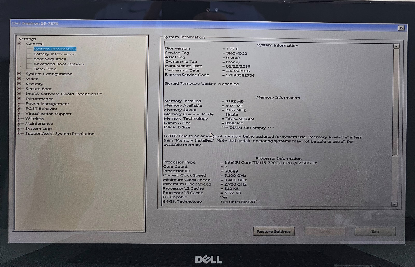 Dell Inspiron 15 7579 15.6″ Laptop Intel Core i5-7200U 8GB RAM NO HD/OS (FL)