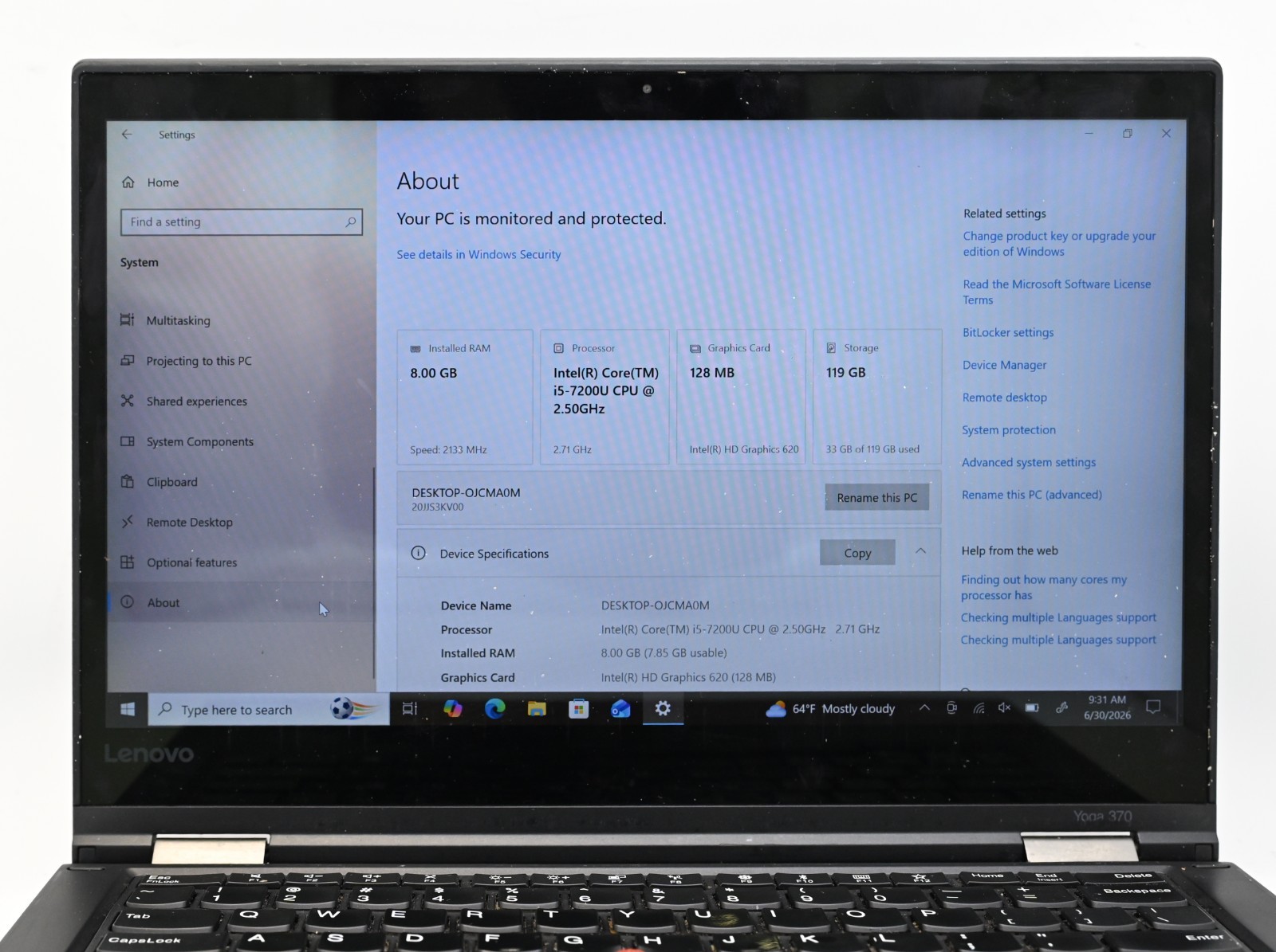 Lenovo Thinkpad Yoga 370 (2-in-1) i5-7200u 2.5GHz 8GB RAM 128GB SSD Windows 10 P