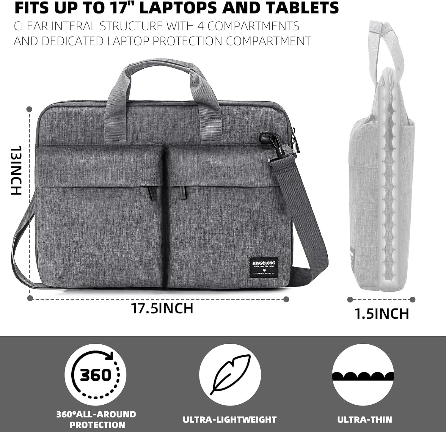 Slim 17.3 inch Grey Laptop Sleeve Case with Shoulder Strap for Acer Asus HP Leno