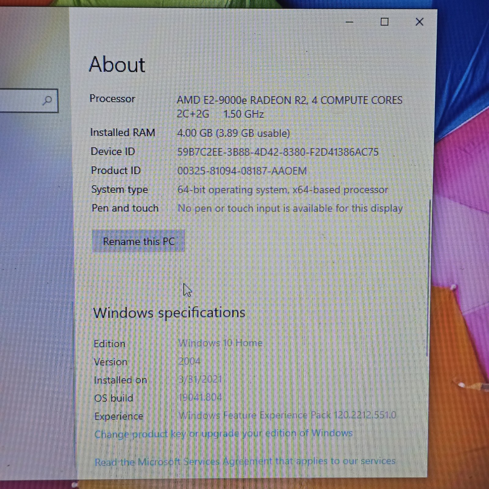 HP LAPTOP 15-DB0XXX AMD E2-9000E RADEON R2 1.50 GHz 4GB RAM READ