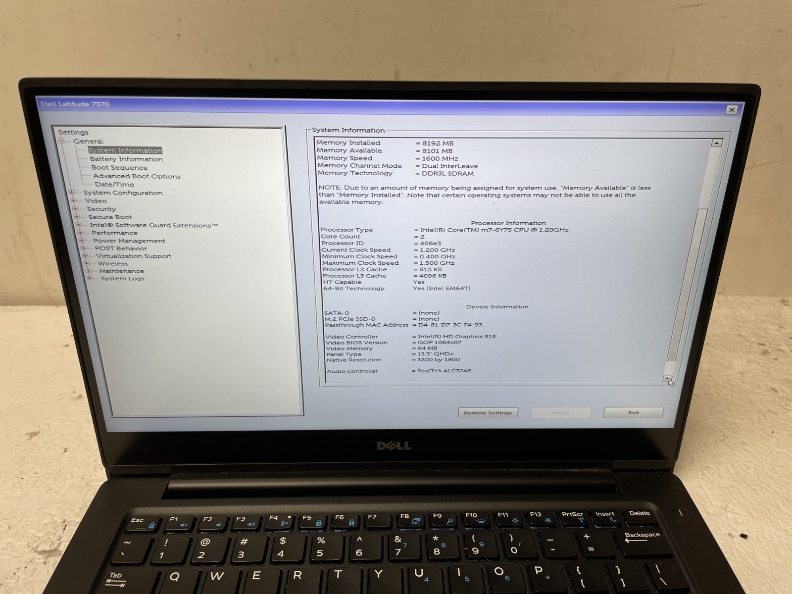 Dell Latitude 7370 m7-6Y75 @1.20GHz 8GB RAM NO SSD Touchscreen For Parts *READ