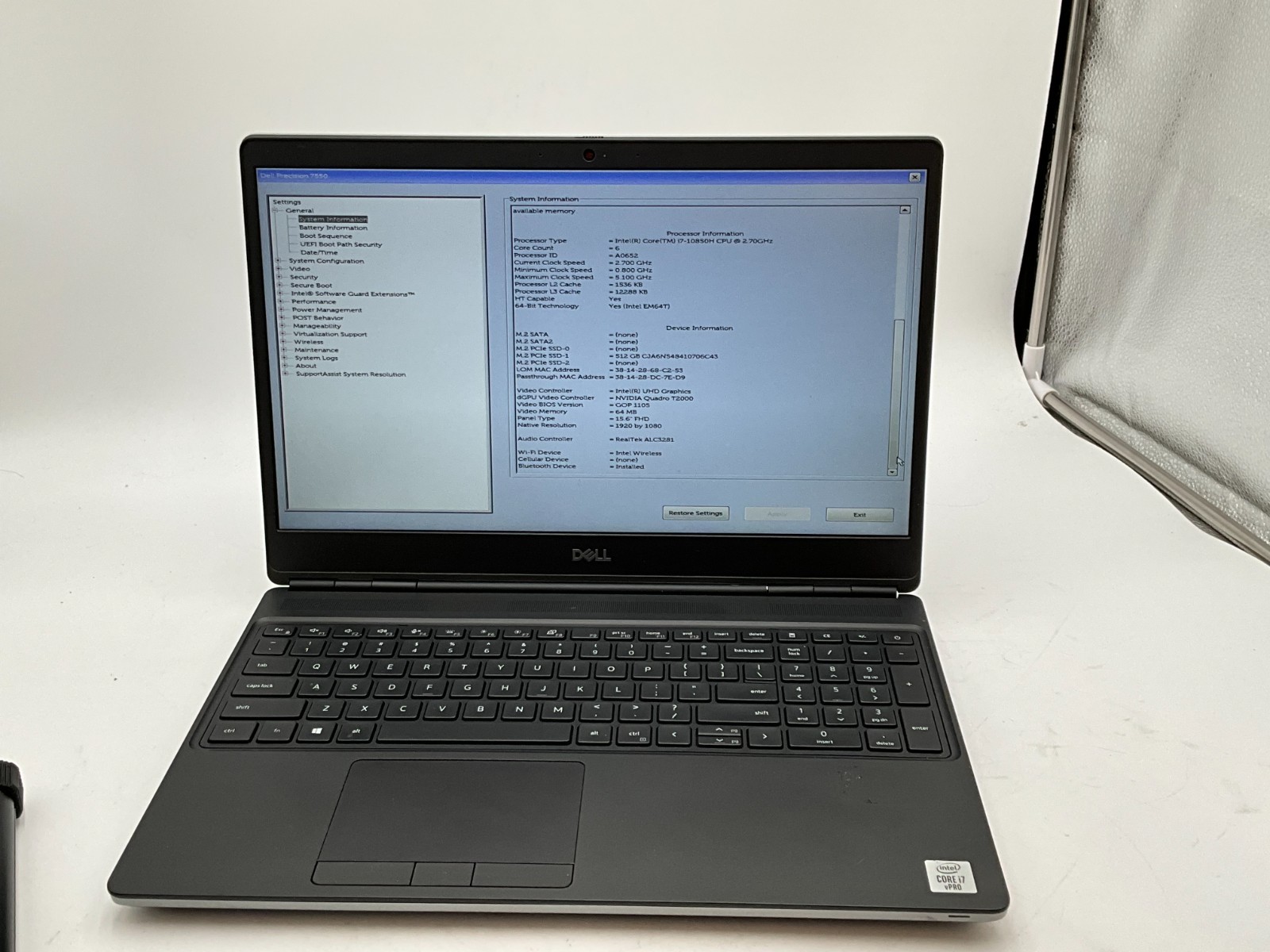 DELL Precision 7550 i7-10850H 2.70gh 32gb 512gb T2000 15.6″ LAPTOP J5W2043