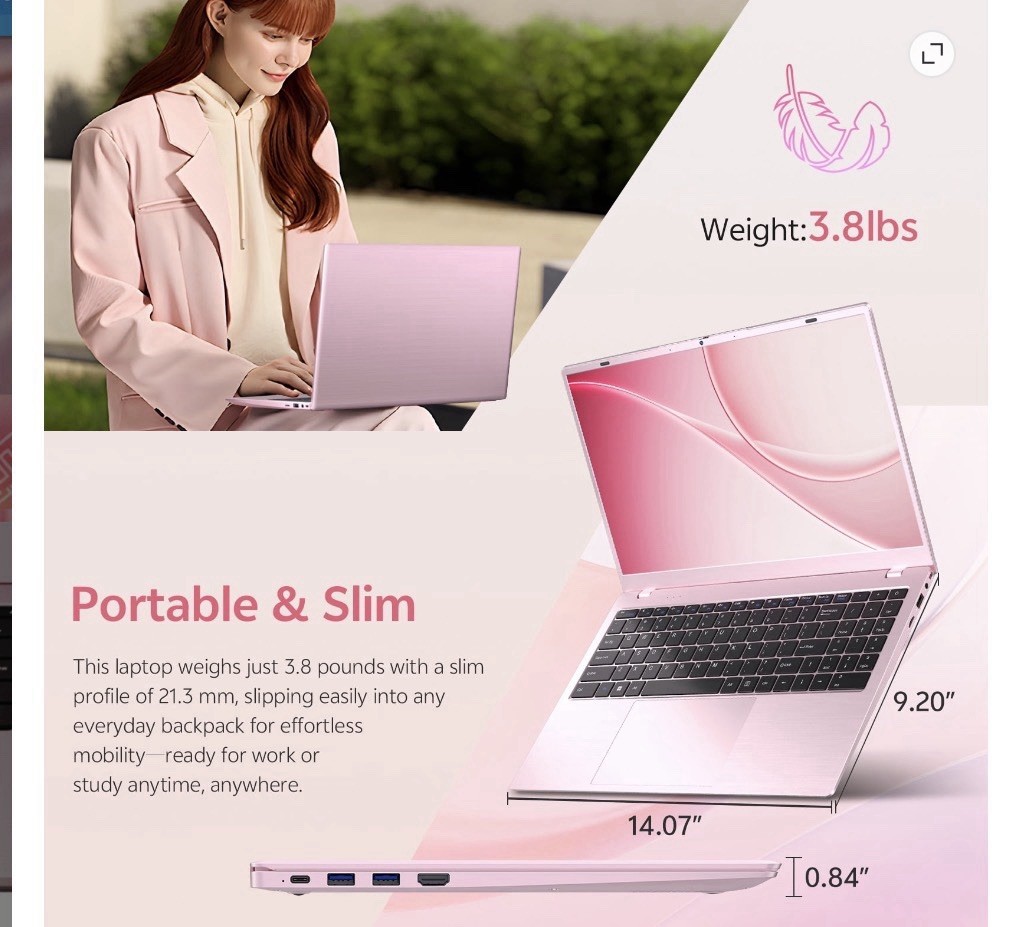 Intel 15.6″ Pink Laptop Win 11 Celeron 6500Y 12GB RAM 256GB SSD FHD