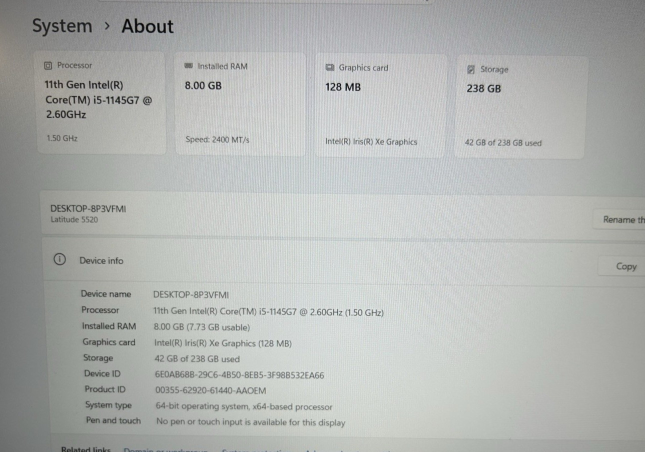 Dell Latitude 5520 Laptop i5-1145G7 @2.60GHz – 8GB RAM – 256GB NVMe – W11P