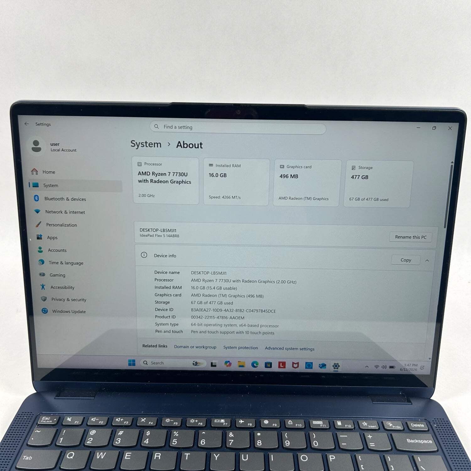 Lenovo IdeaPad 5 14ABR8 14″ Ryzen 7 7730U 2.0GHz 16GB RAM 512GB SSD