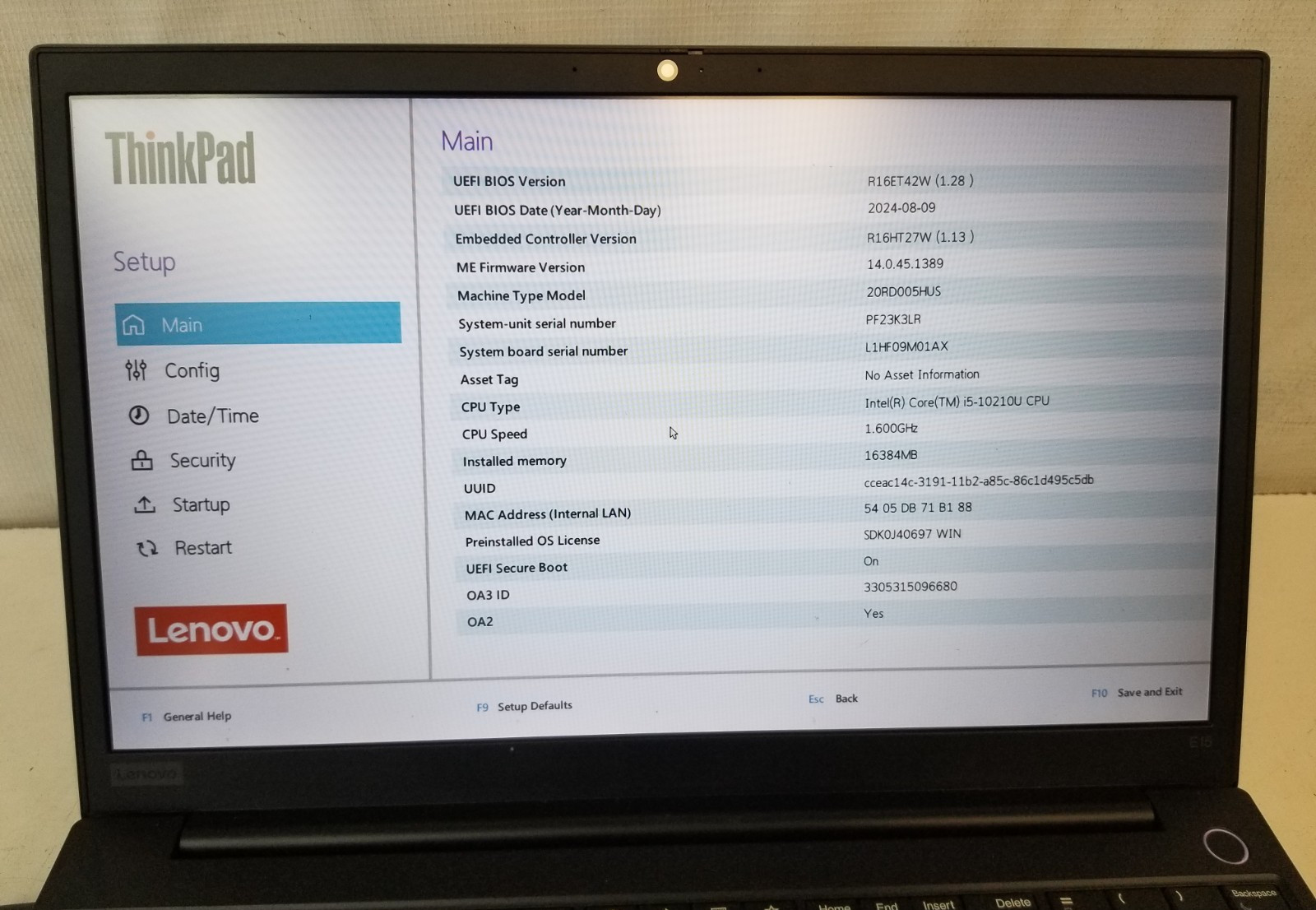 Lenovo ThinkPad E15 Intel i5-10210U 1.6Ghz 16GB RAM UHD Graphic No SSD/OS