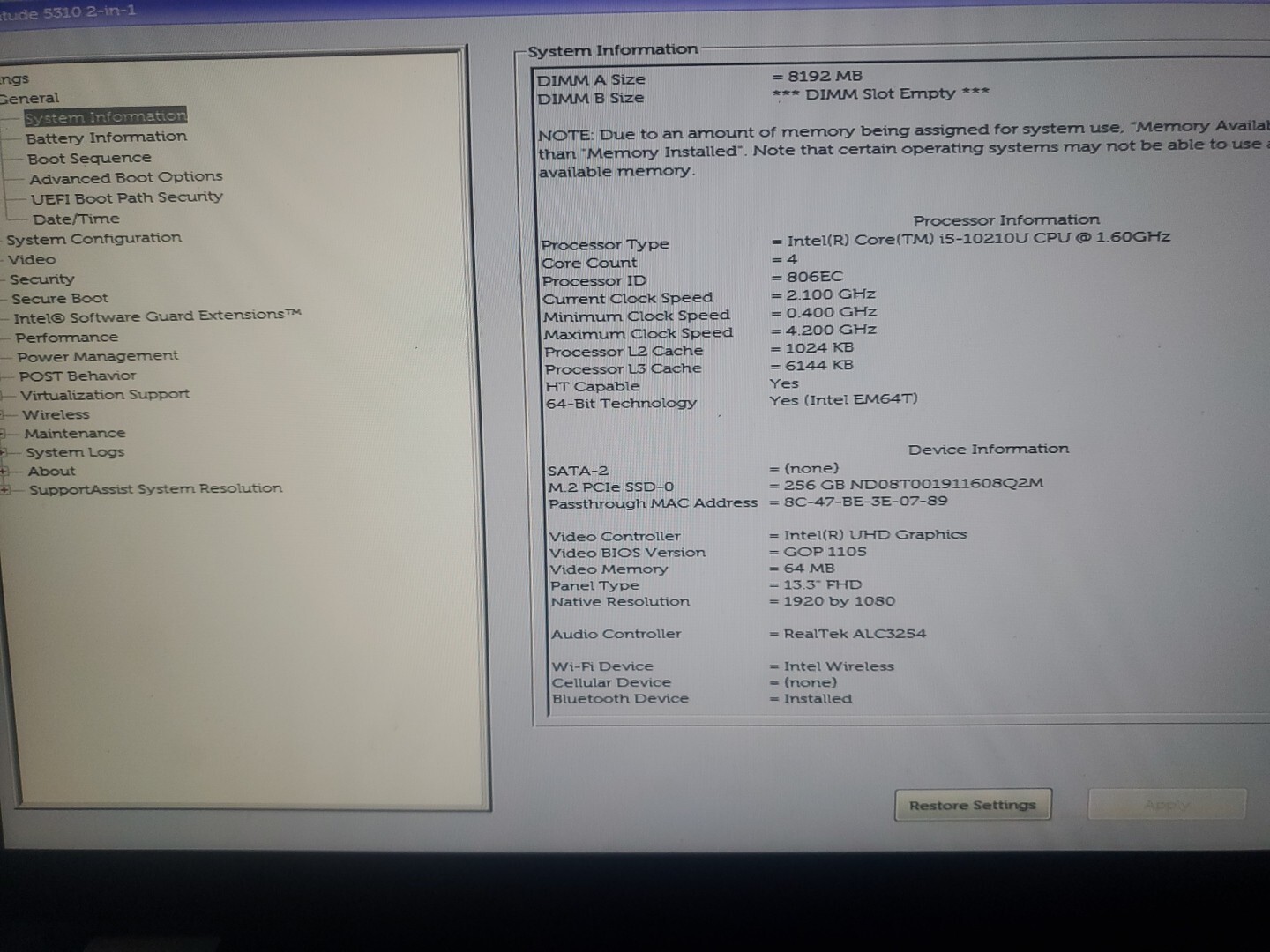 Dell 5310 13in i5-10310U 8GB 240GB. Touchscreen