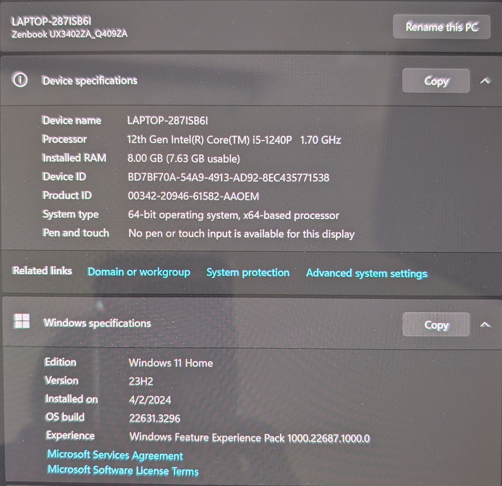 ASUS Zenbook 14 Q409ZA 14″ 2.7K OLED, i5 1.70Ghz, 256GB, 8GB Lightly used