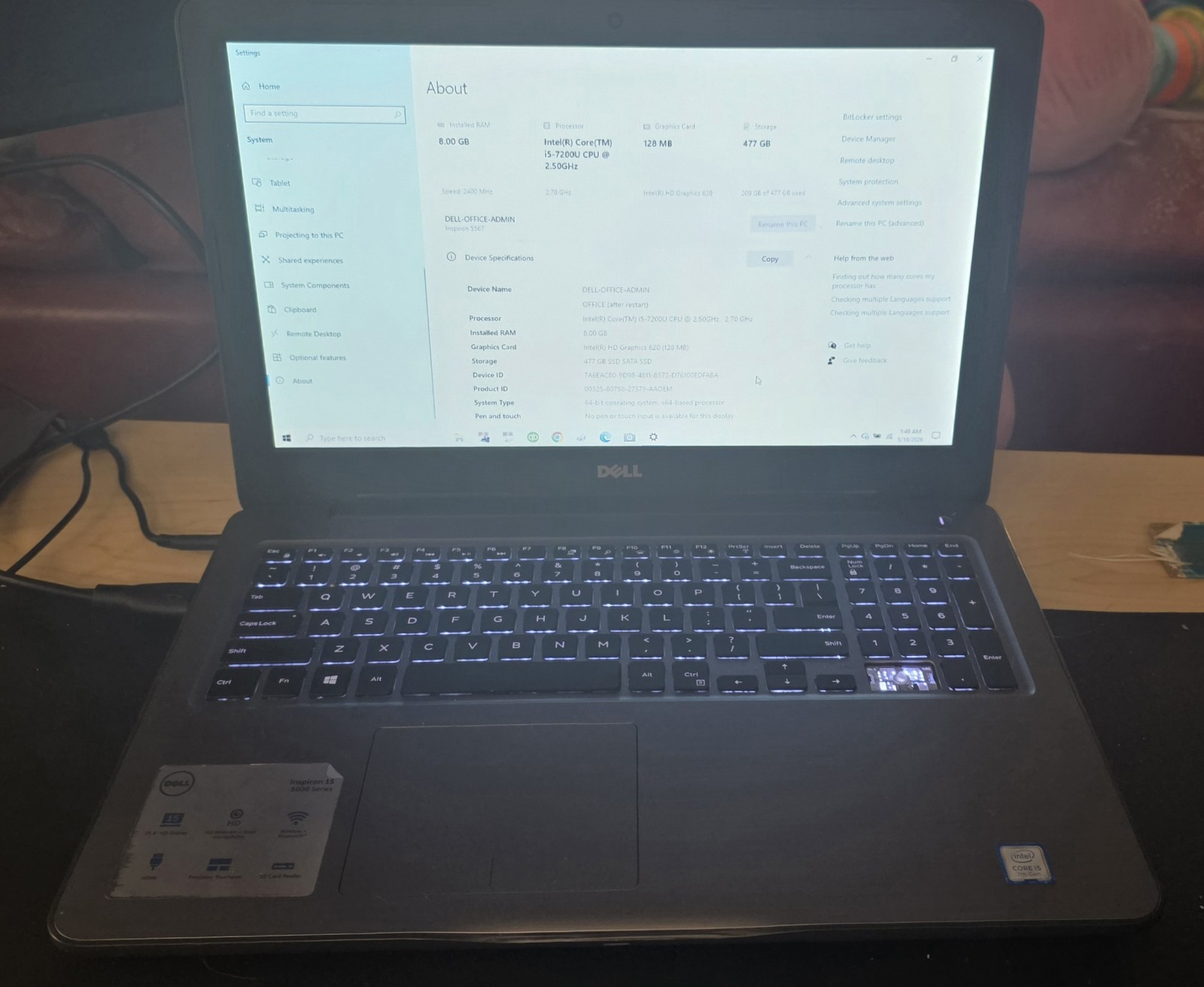 Dell Inspiron 15 5000 Series 15.6″, Intel Core i5 7th Gen 2.5 GHz. NO HDD or SSD